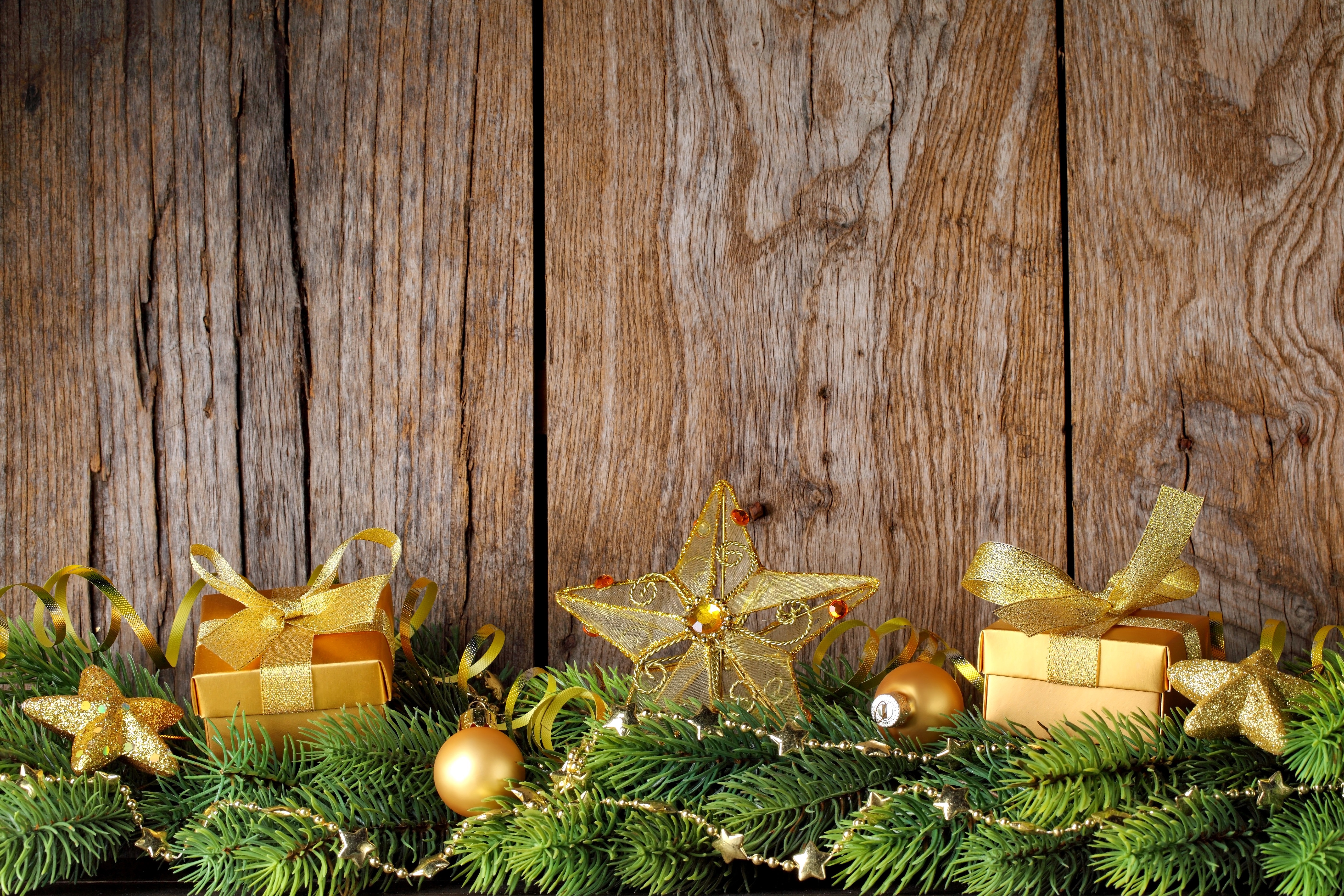 Christmas Decorations on Wooden Background HD Wallpaper