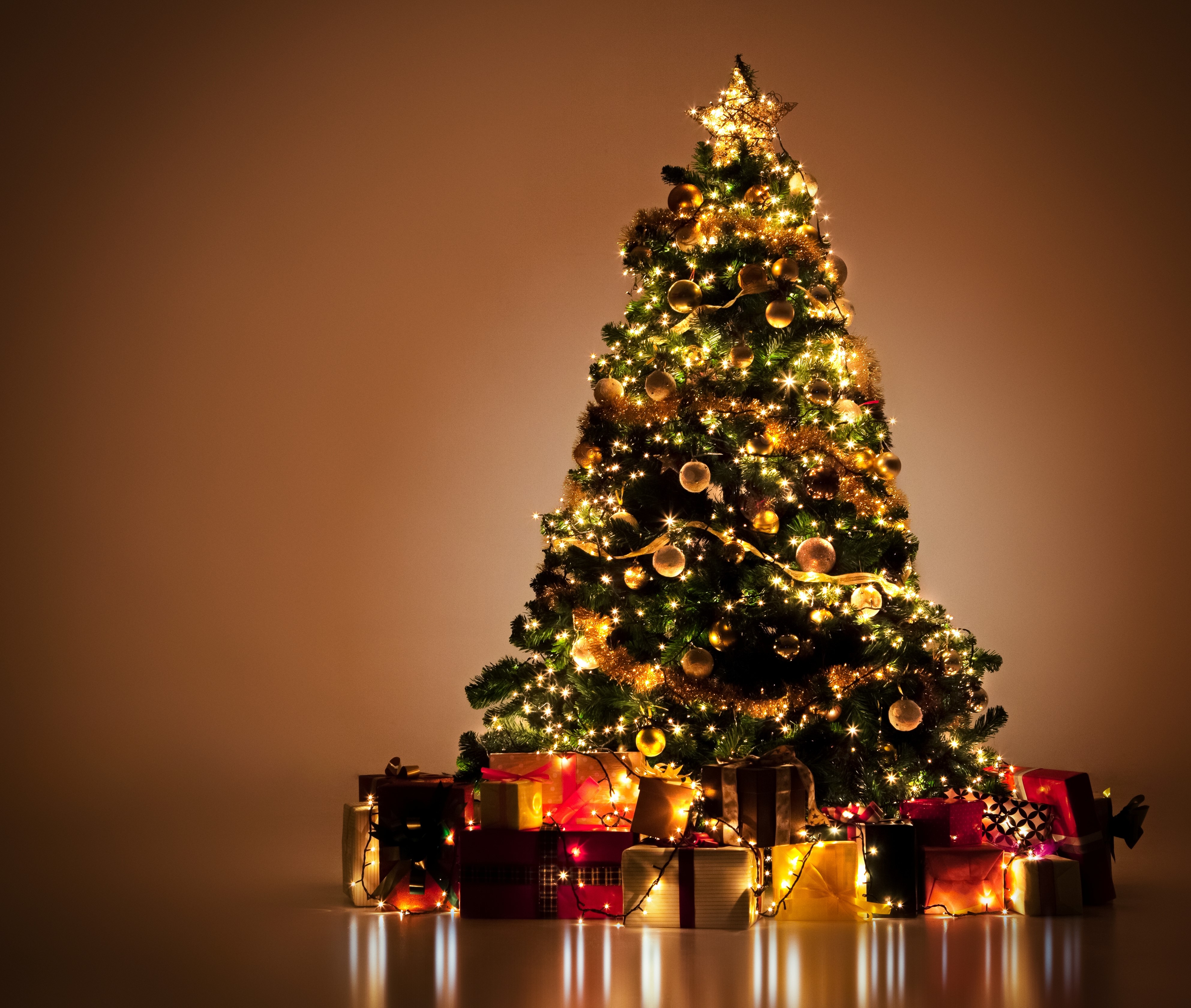 Christmas Tree with Gifts and Lights HD Wallpaper