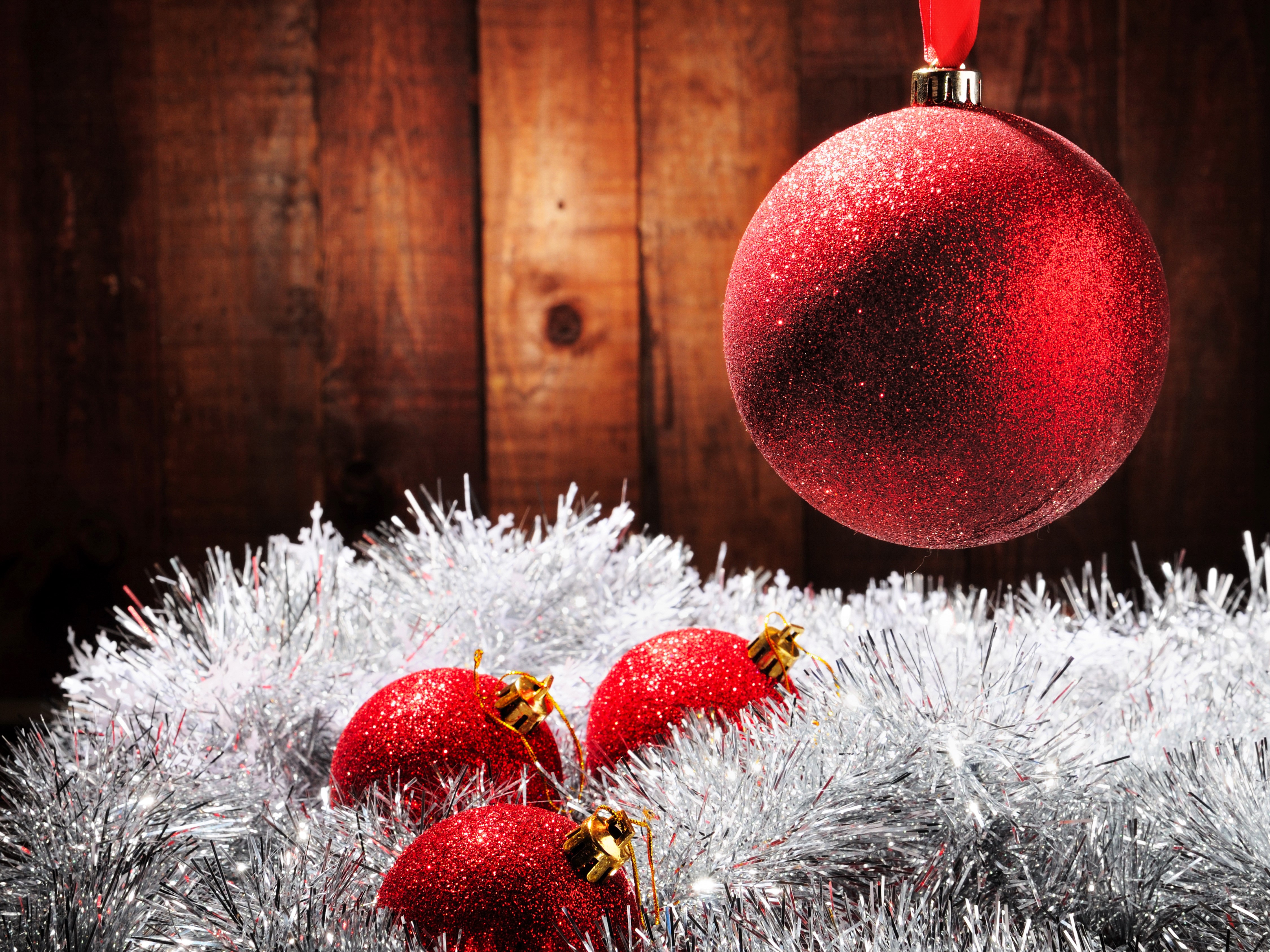 Christmas Ornaments on Silver Tinsel HD Wallpaper