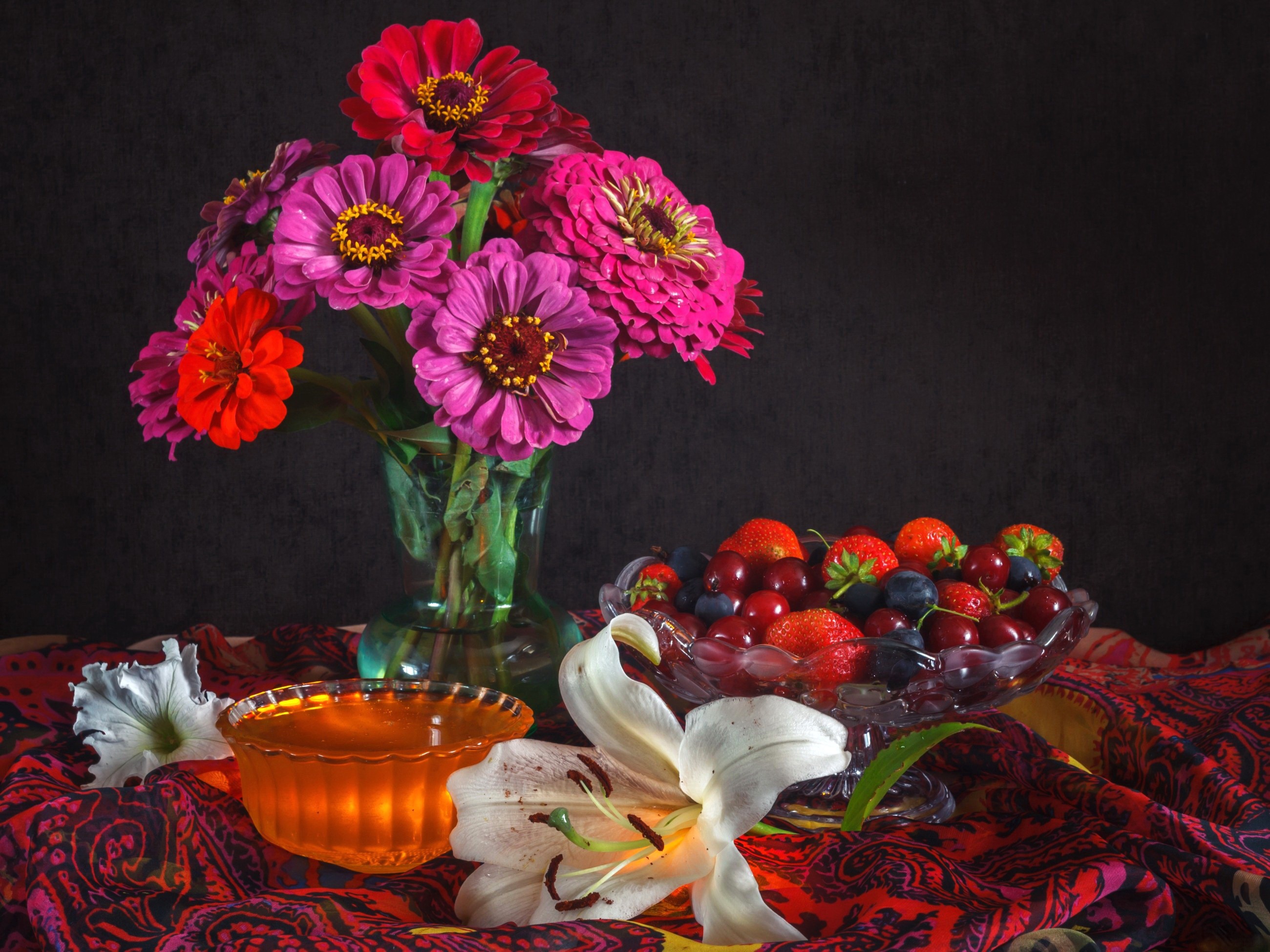 Still-life with Zinnias, Lilies, and Fruit HD Wallpaper