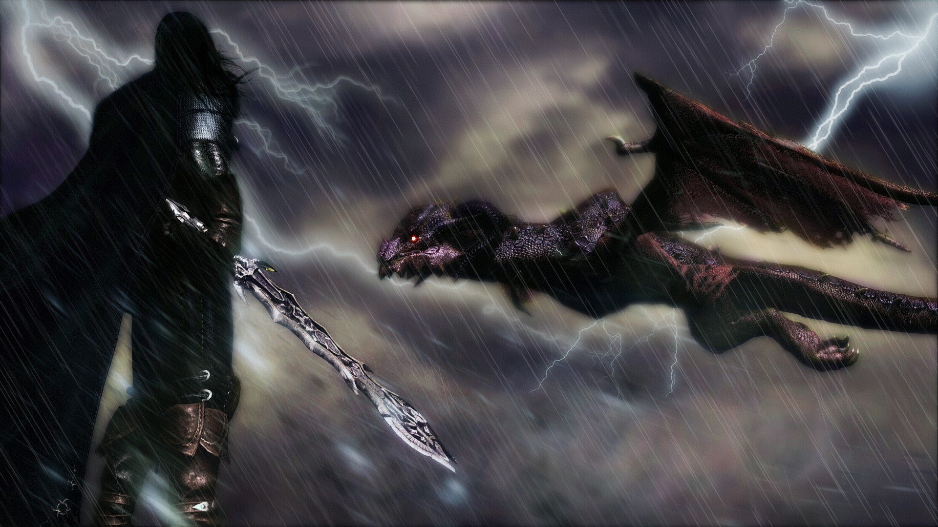 Warrior with sword fighting a dragon in a thunderstorm HD Wallpaper