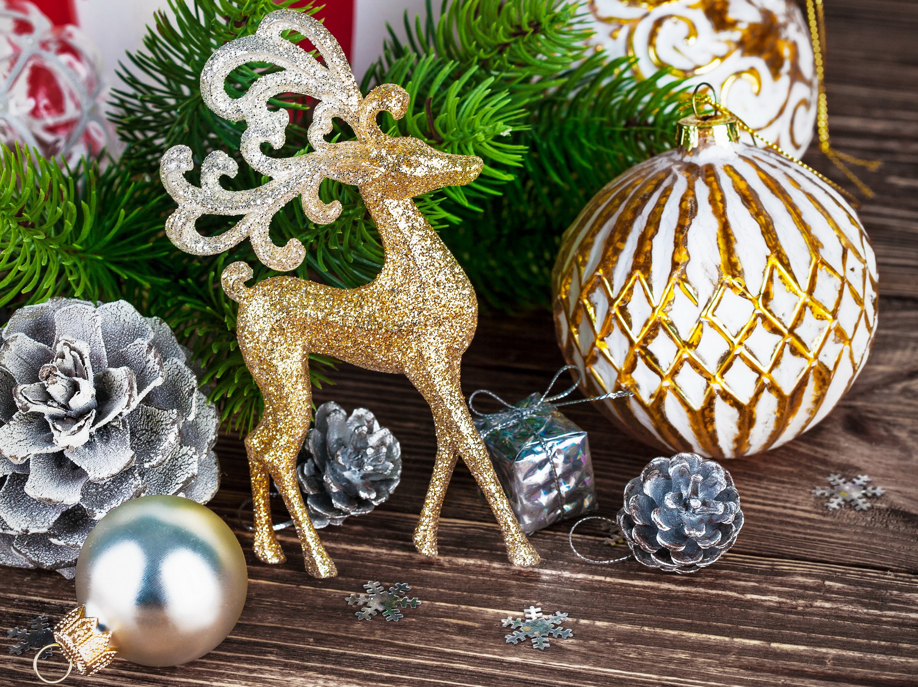 Christmas Decorations with Golden Deer and Ornaments HD Wallpaper