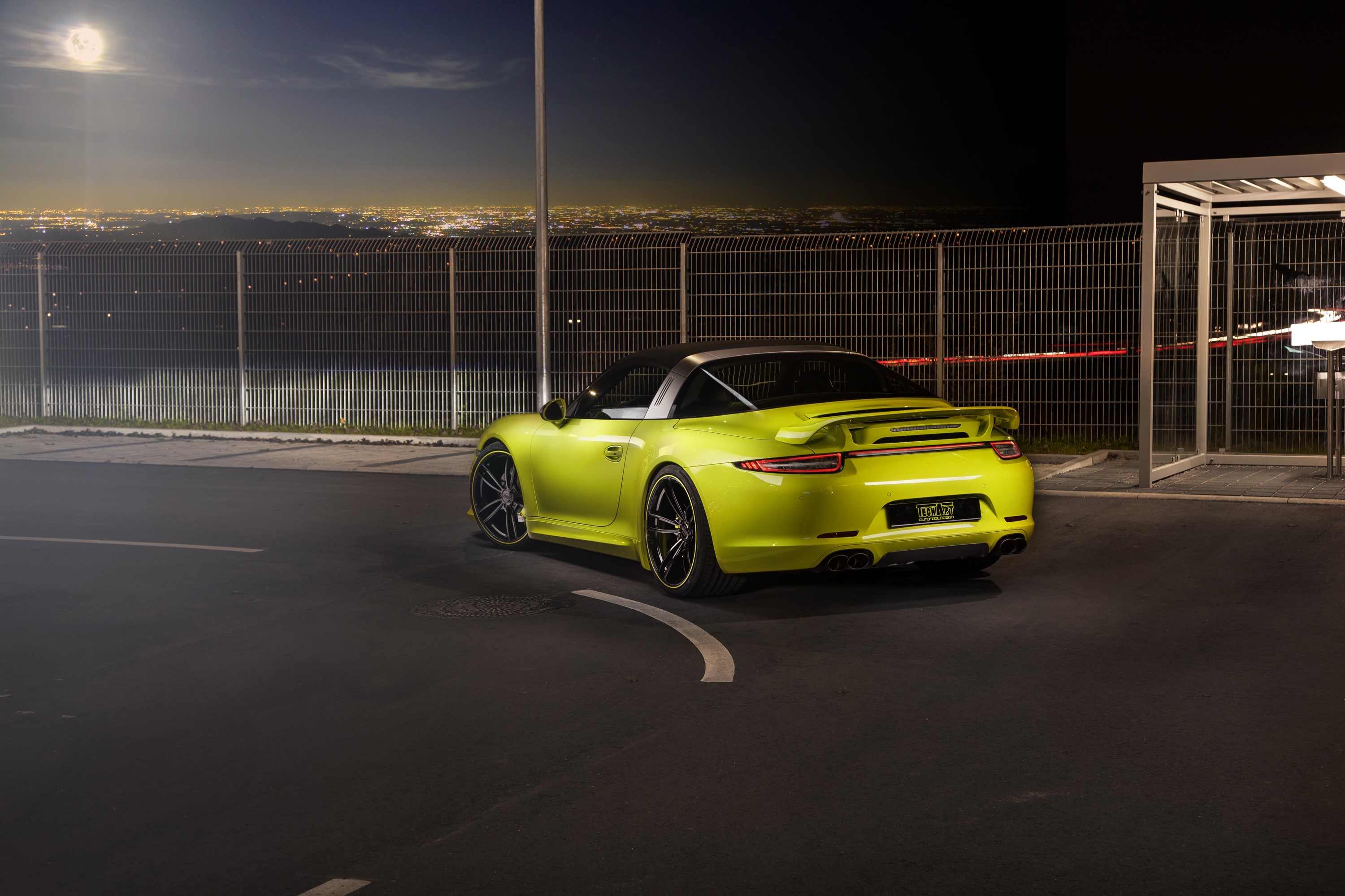 Yellow-green 2014 Porsche 911 Targa 4S (TechArt) at night HD Wallpaper