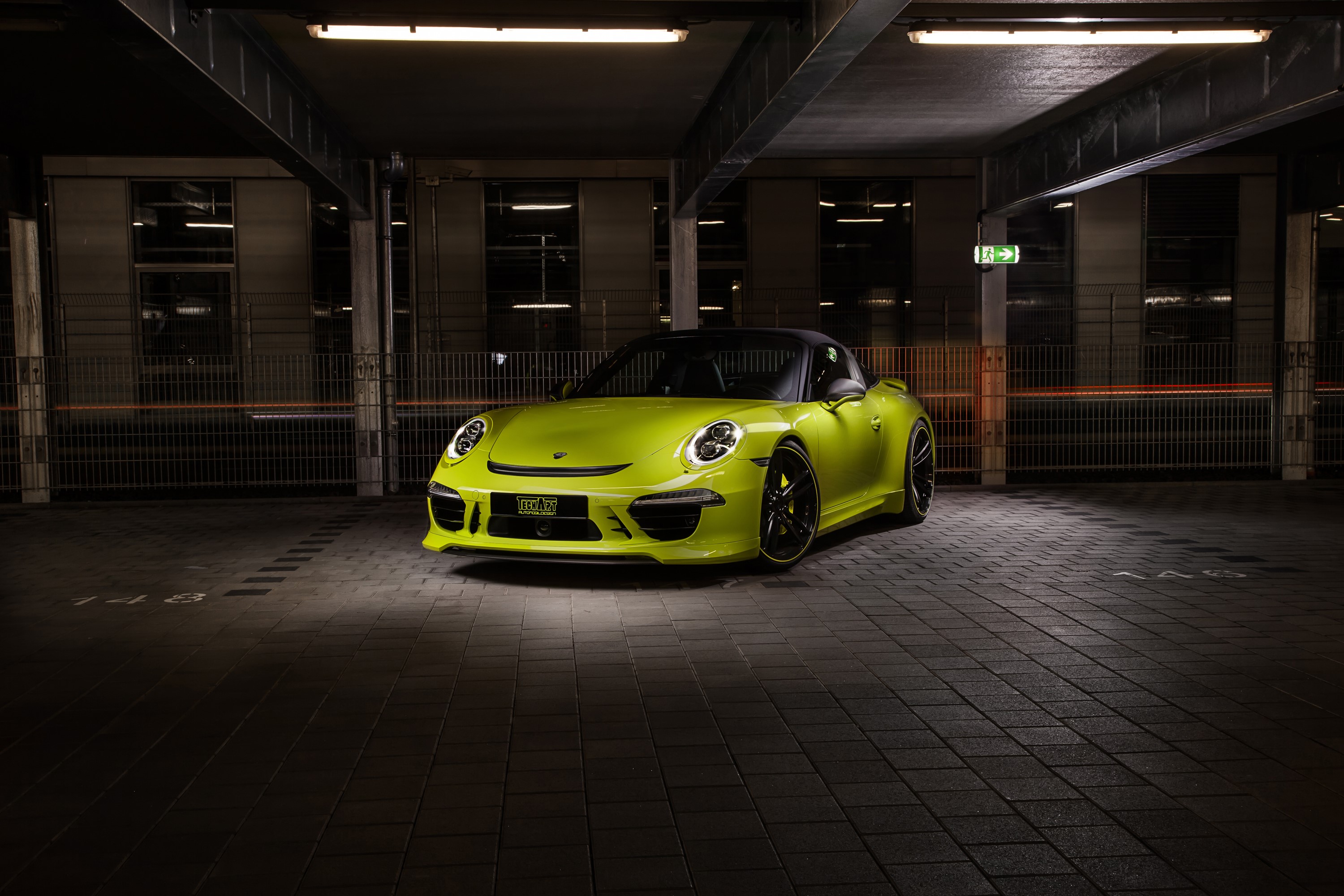 Yellow-green TechArt Porsche 911 Targa 4S in parking garage HD Wallpaper