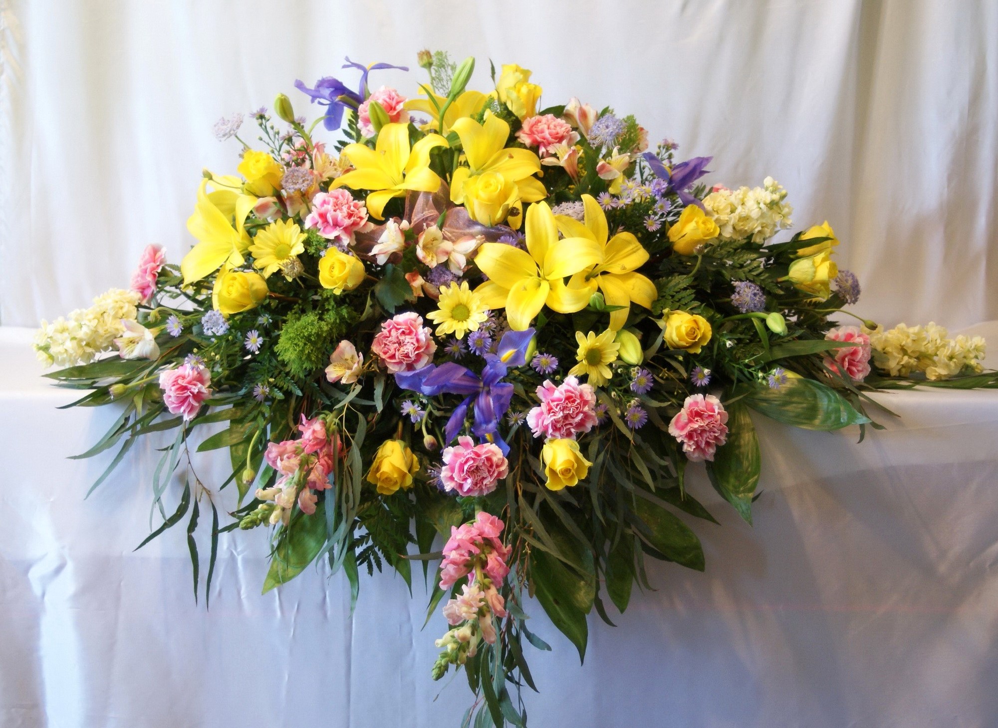 Yellow Lilies, Irises, Roses, and Carnations Flower Arrangement HD Wallpaper