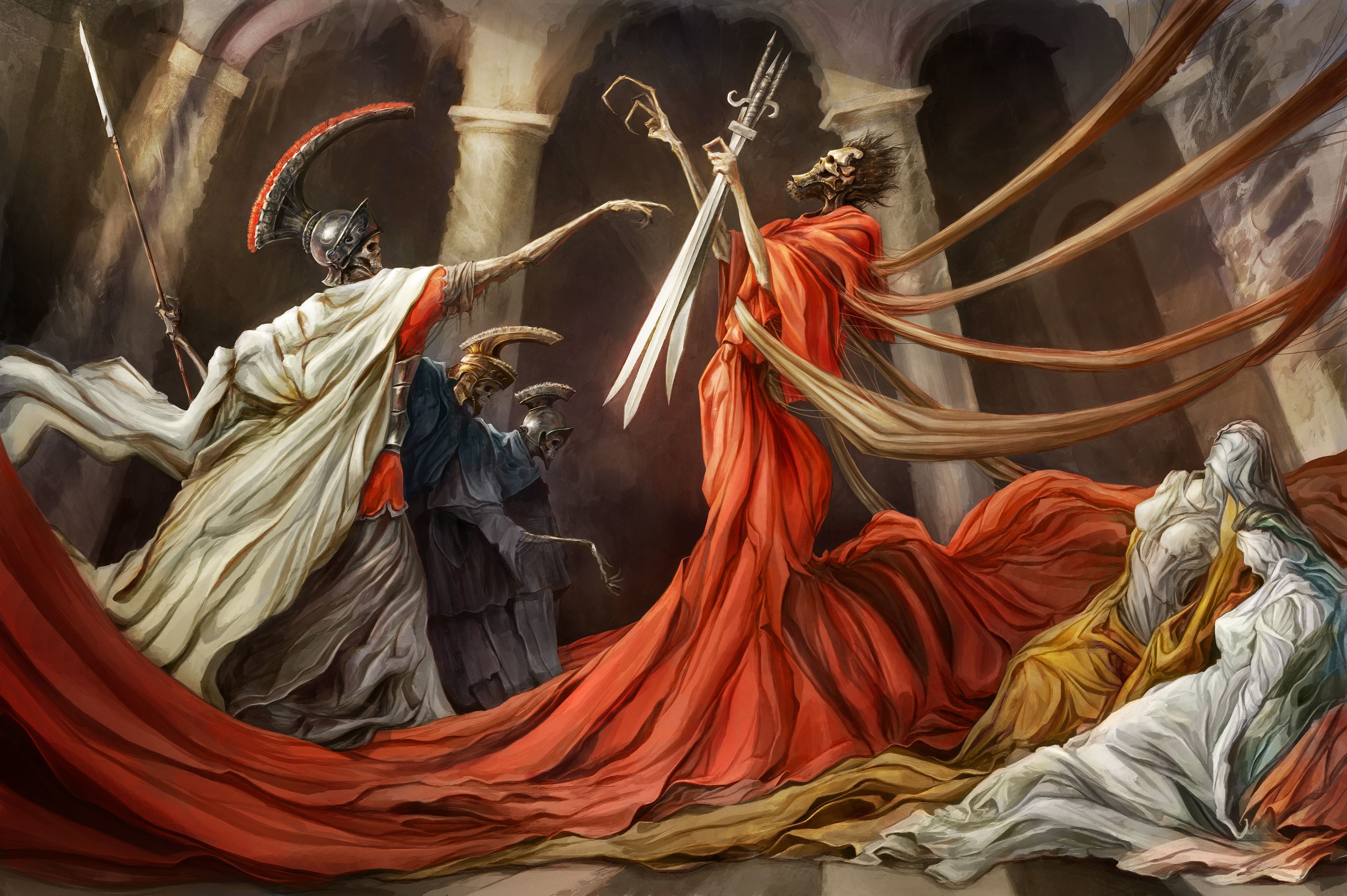 Undead figures in Roman-style armor and robes with swords HD Wallpaper