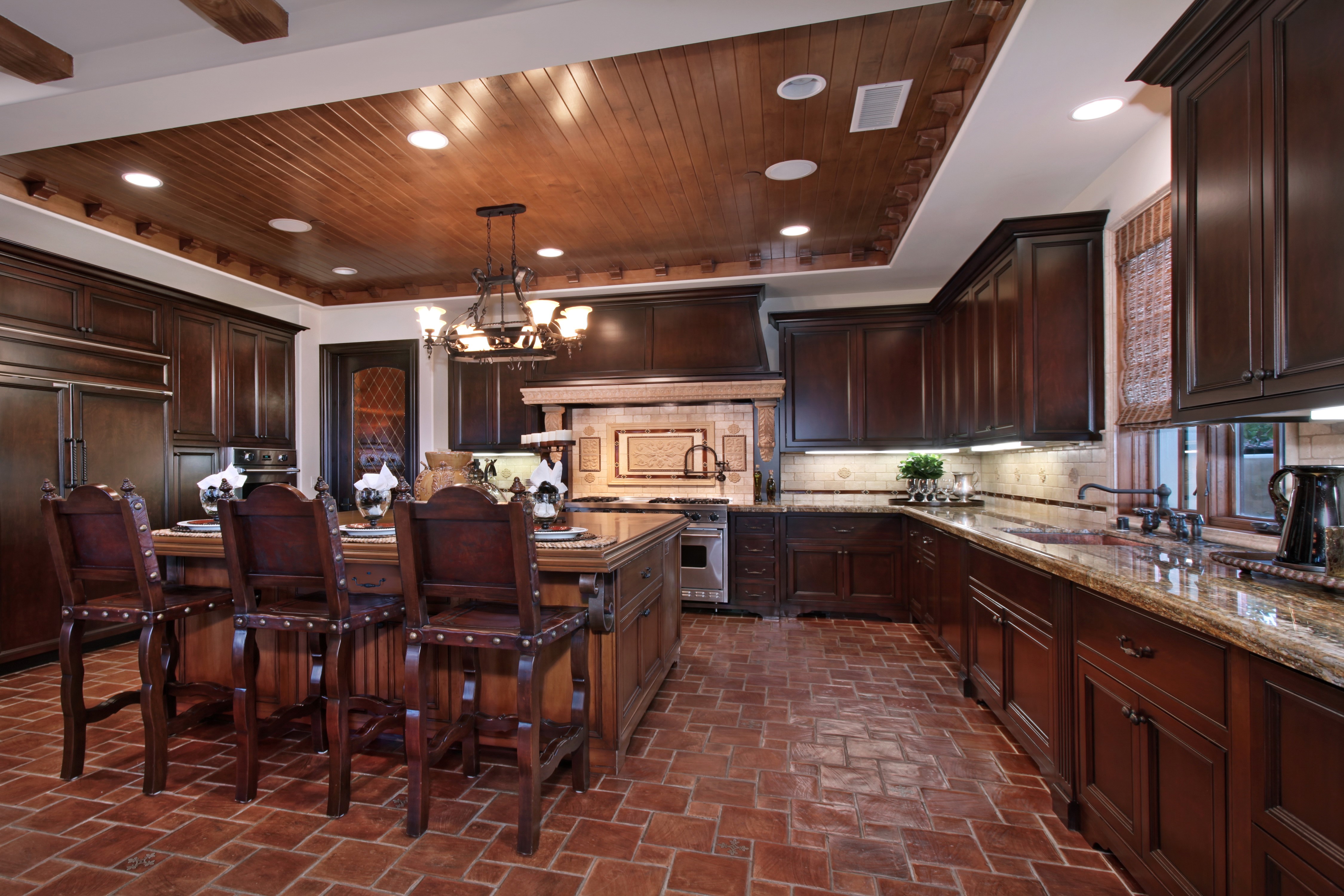 Kitchen Interior Design with Chairs and Chandelier HD Wallpaper