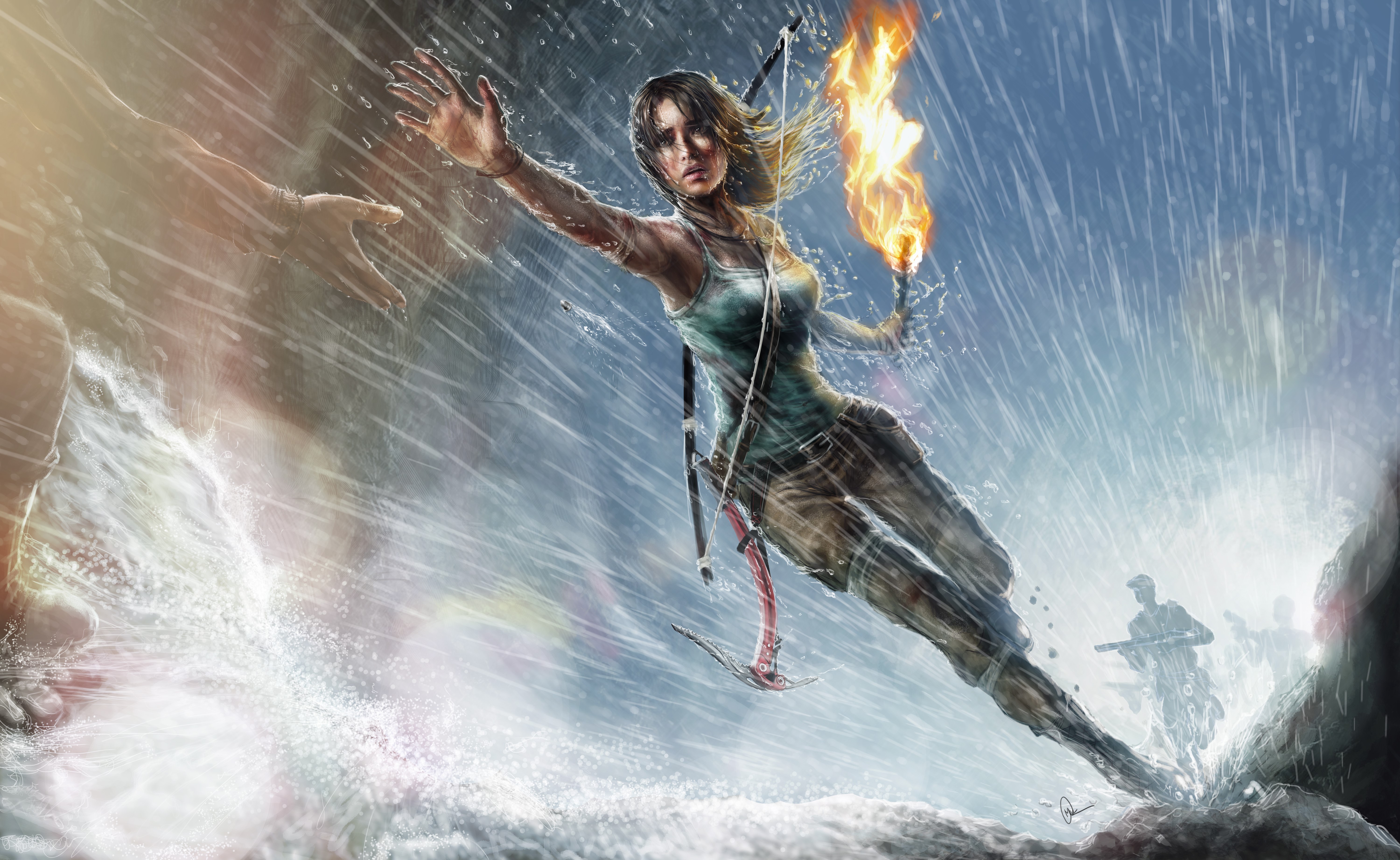 Lara Croft from Tomb Raider in a storm with a torch HD Wallpaper