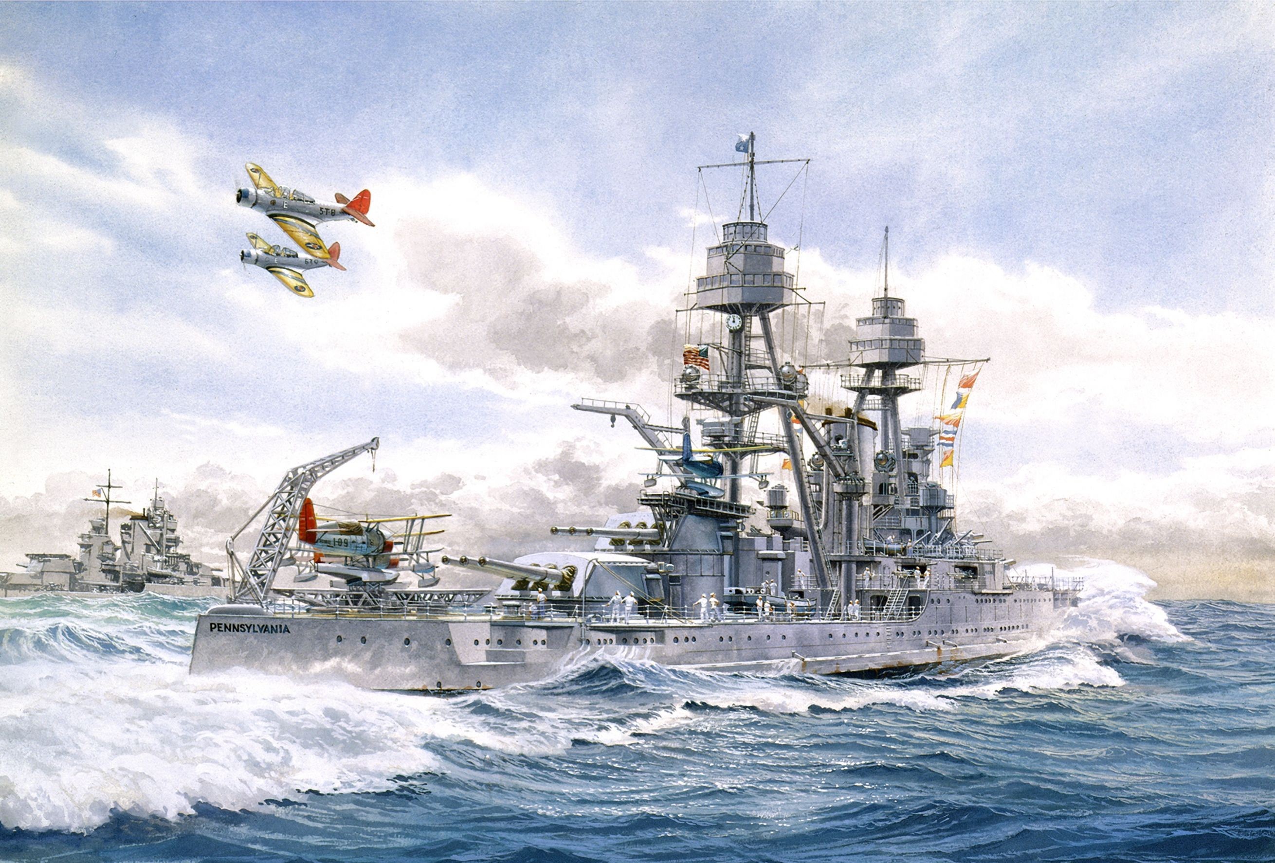 USS Pennsylvania Battleship with Aircraft HD Wallpaper