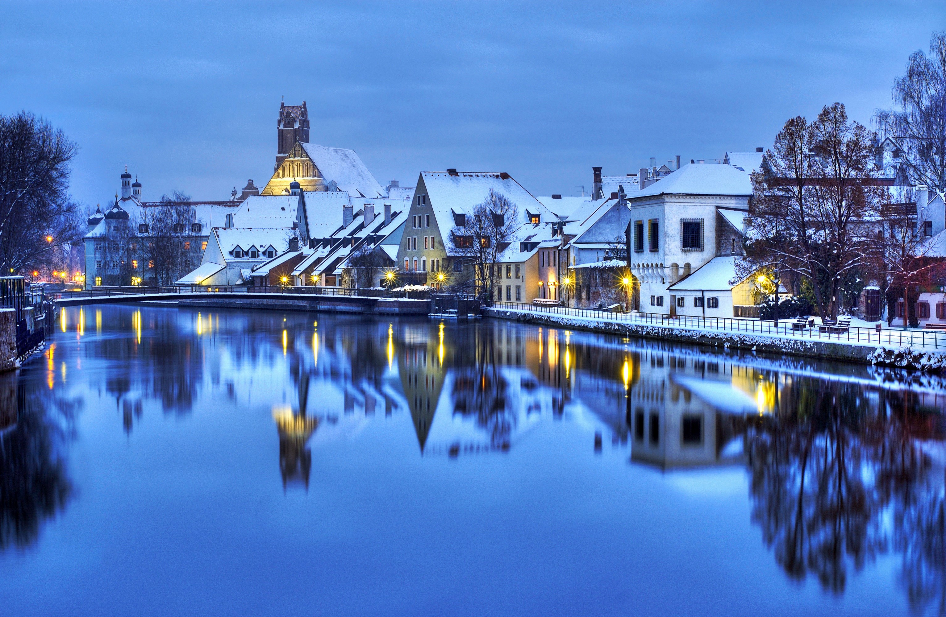 Winter scene of houses and a river in Germany HD Wallpaper