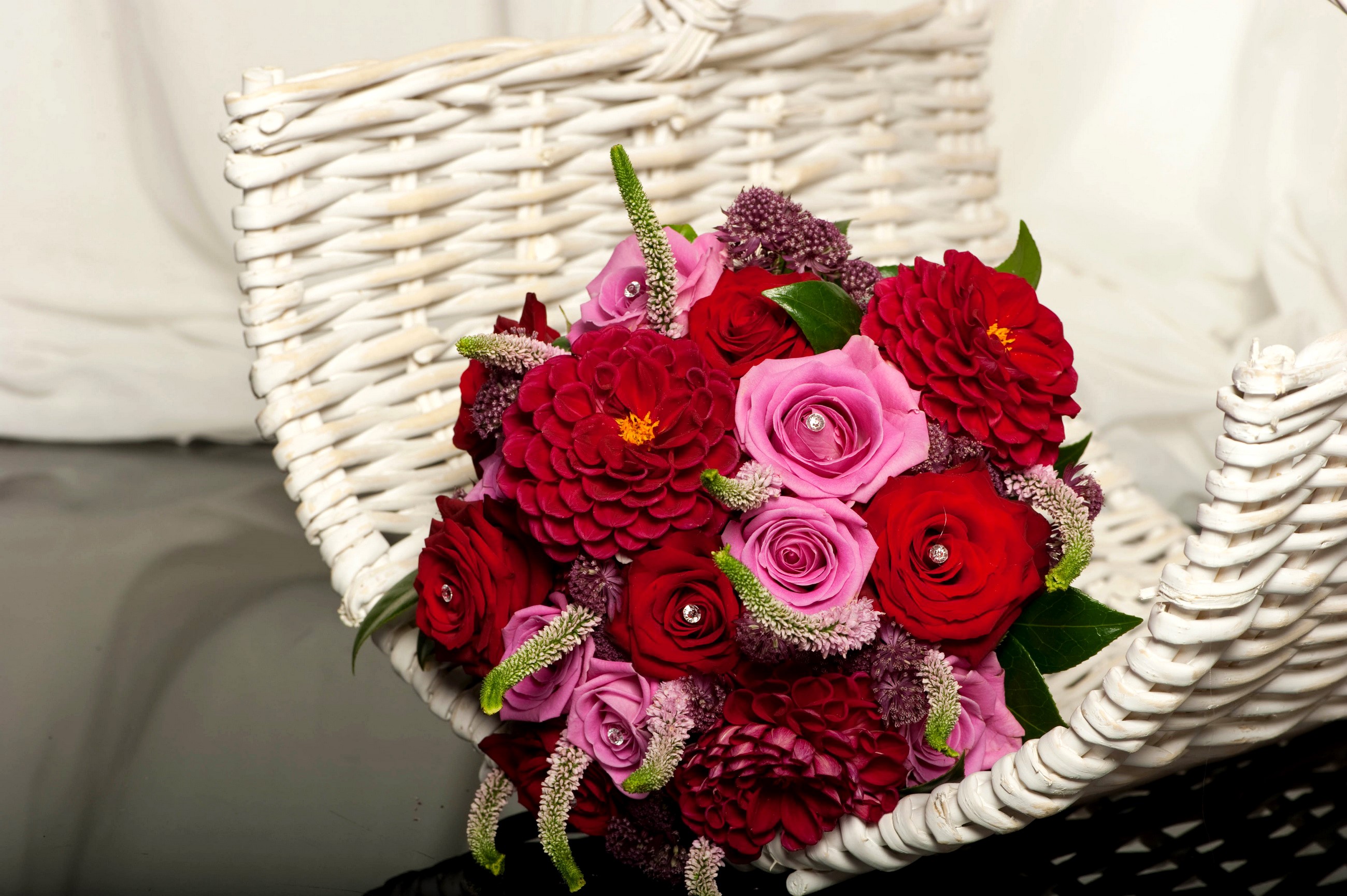 Bouquet of Red and Pink Roses and Dahlias in a White Basket HD Wallpaper