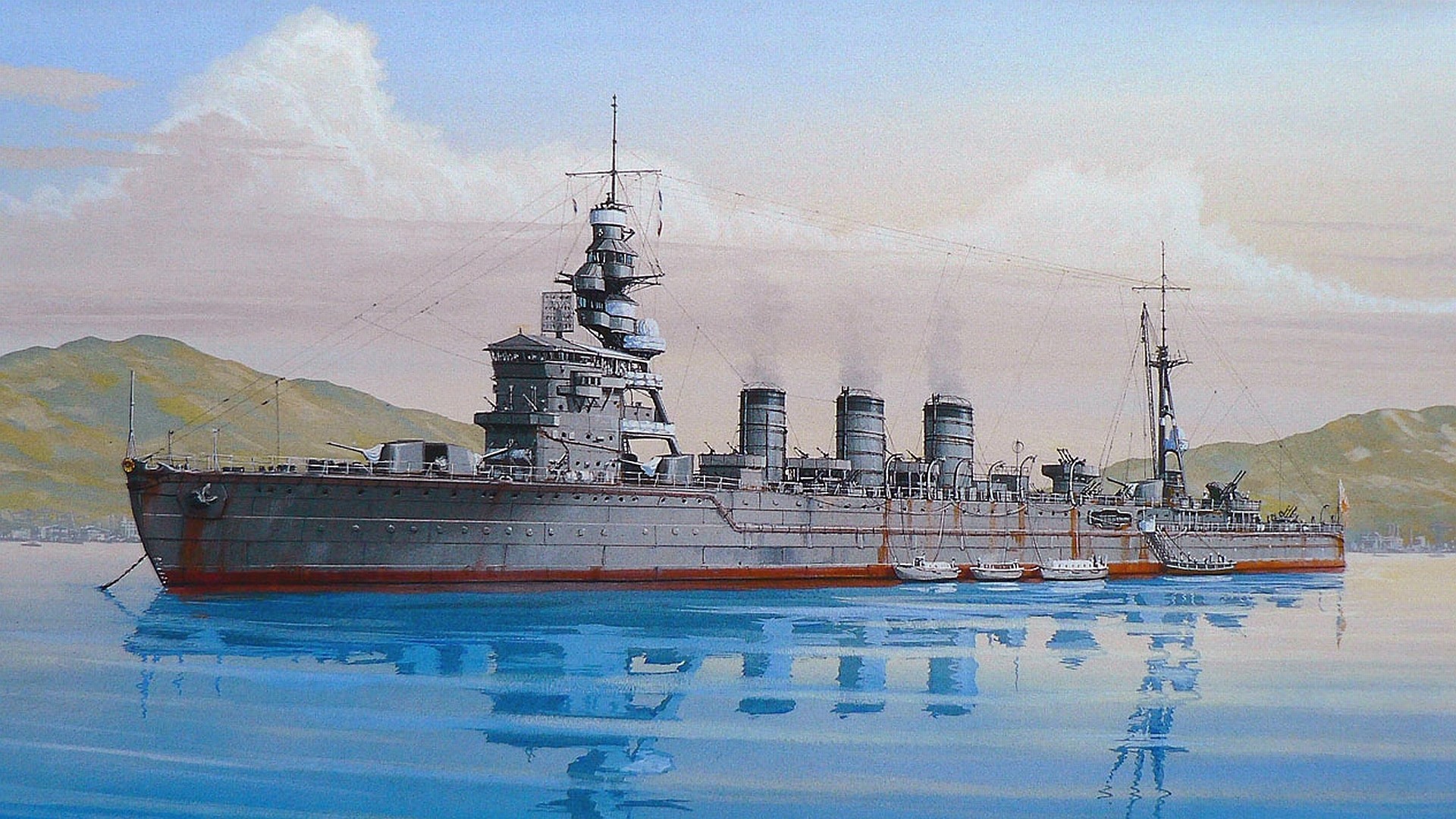Painting of a Japanese light cruiser at sea HD Wallpaper
