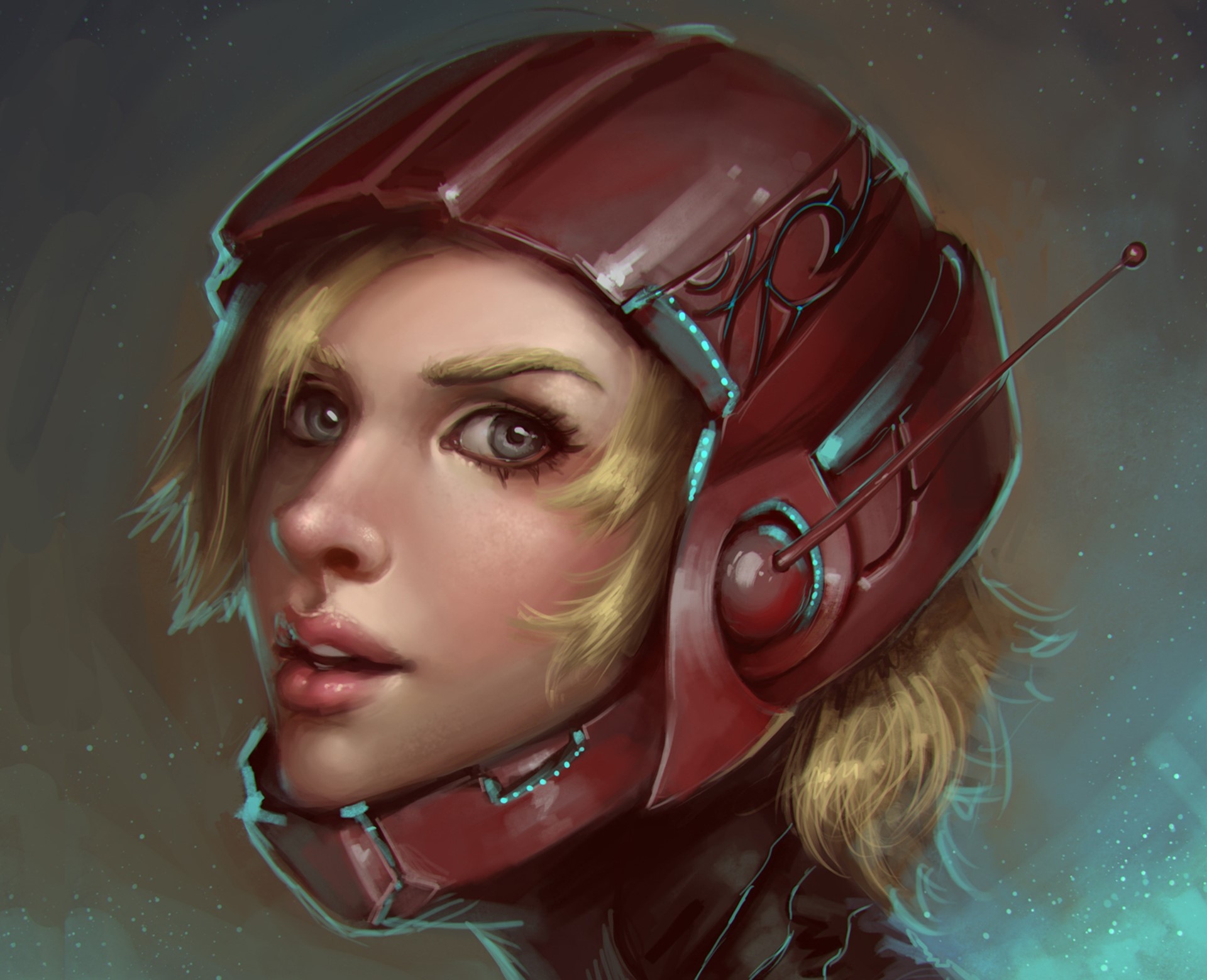 Blonde girl in a red helmet glancing sideways HD Wallpaper