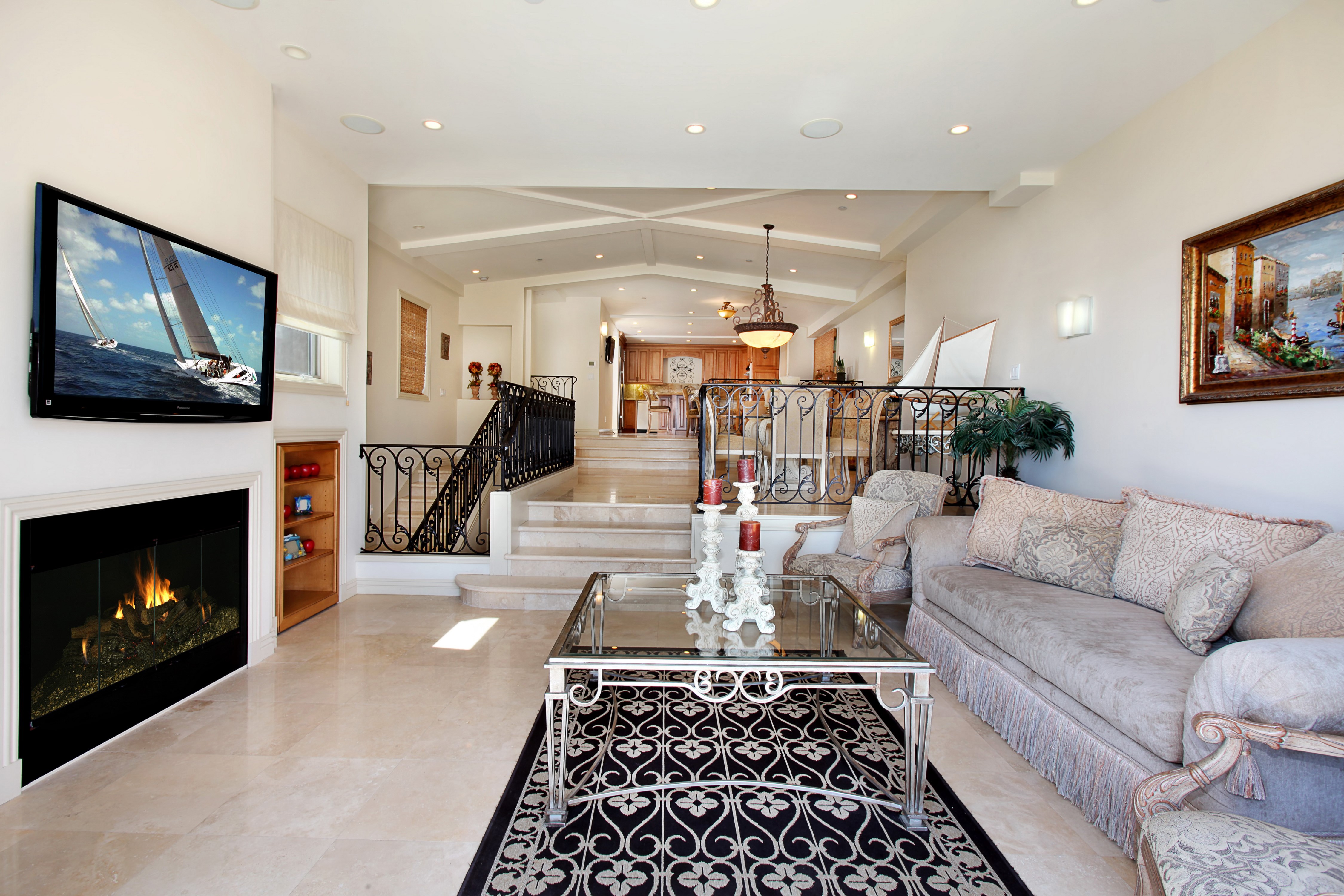 Living room with fireplace, sofa, and TV HD Wallpaper