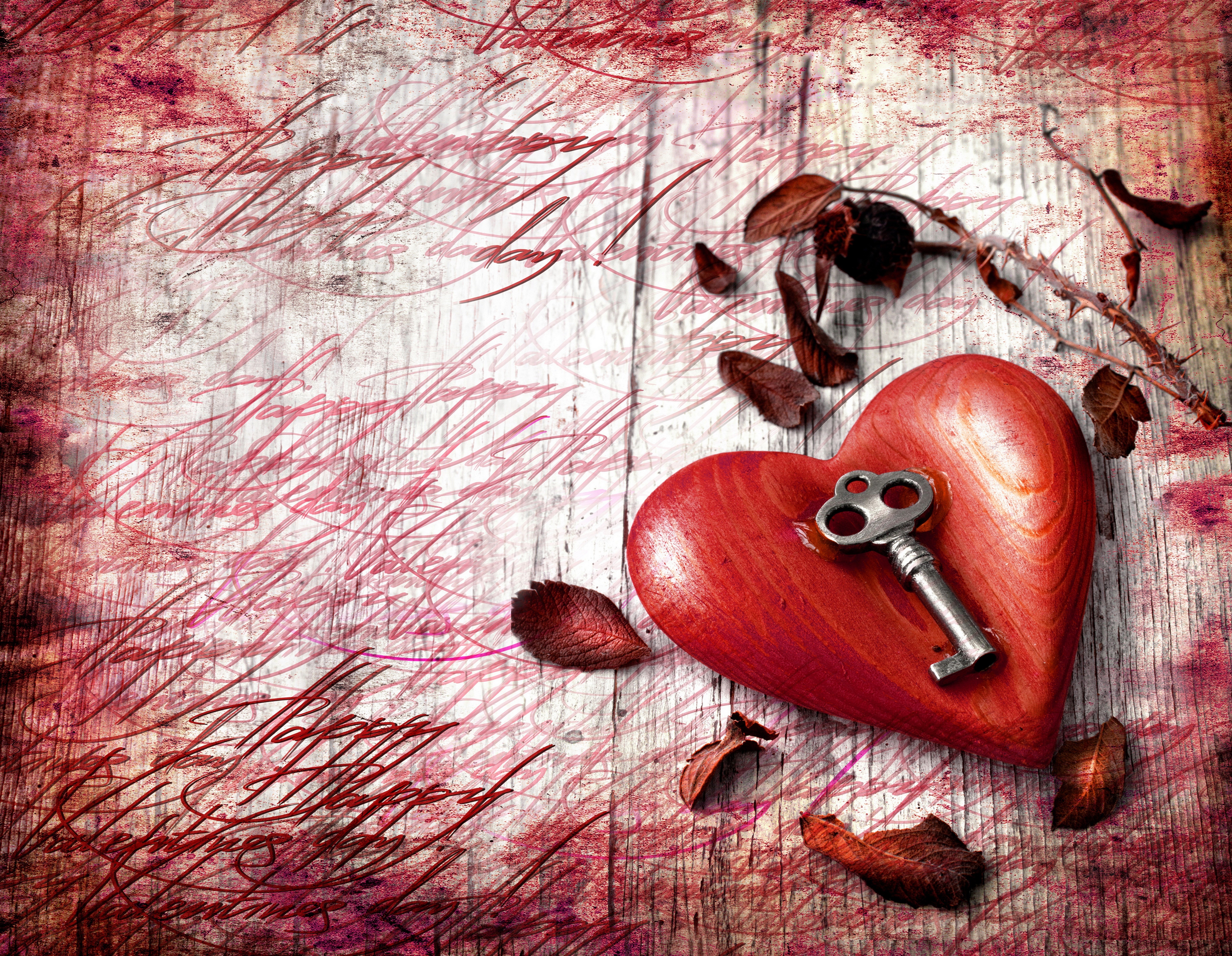 Valentine's Day Heart with Key and Rose HD Wallpaper