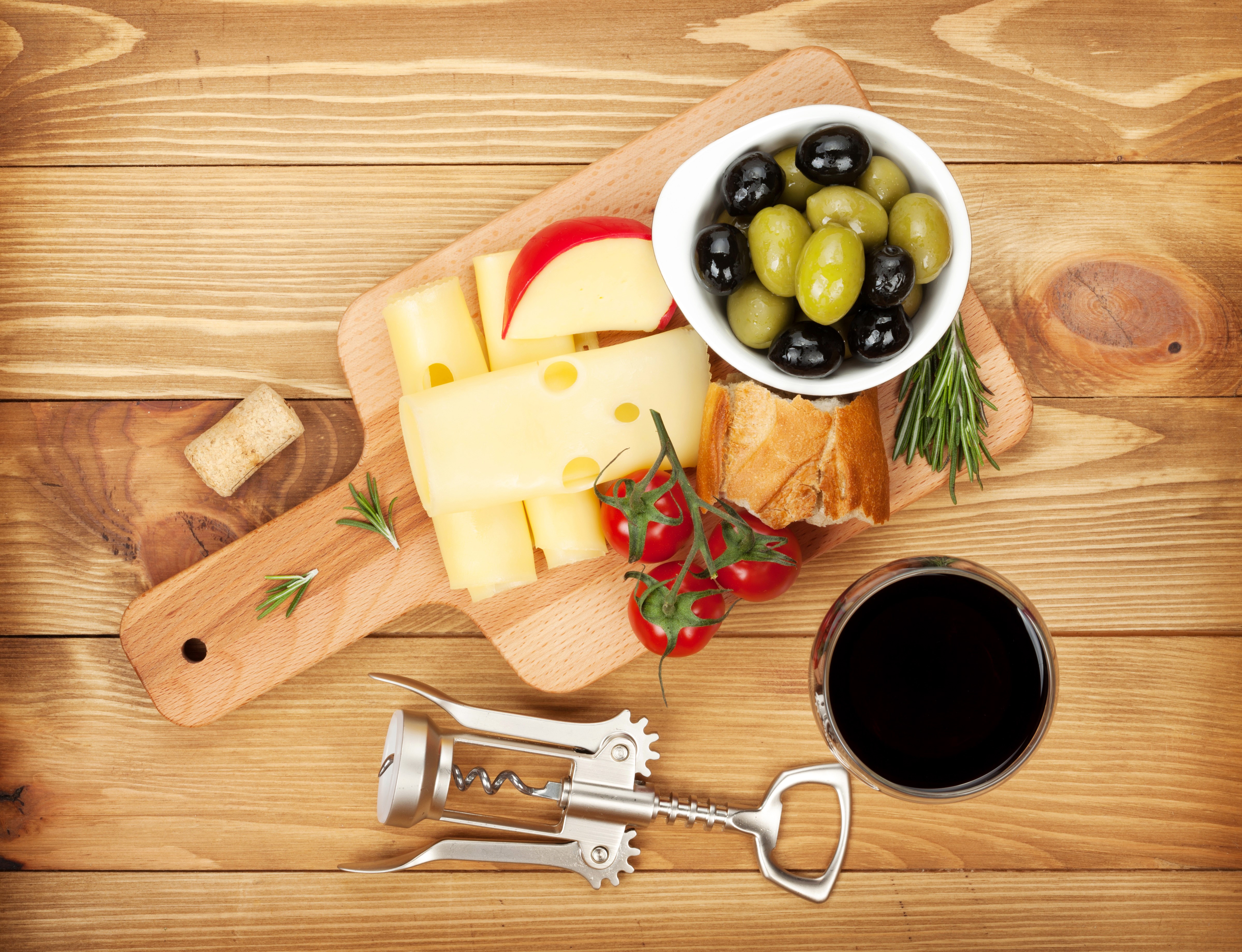 Cheese, Olives, Tomatoes, Bread, Wine, and Corkscrew HD Wallpaper