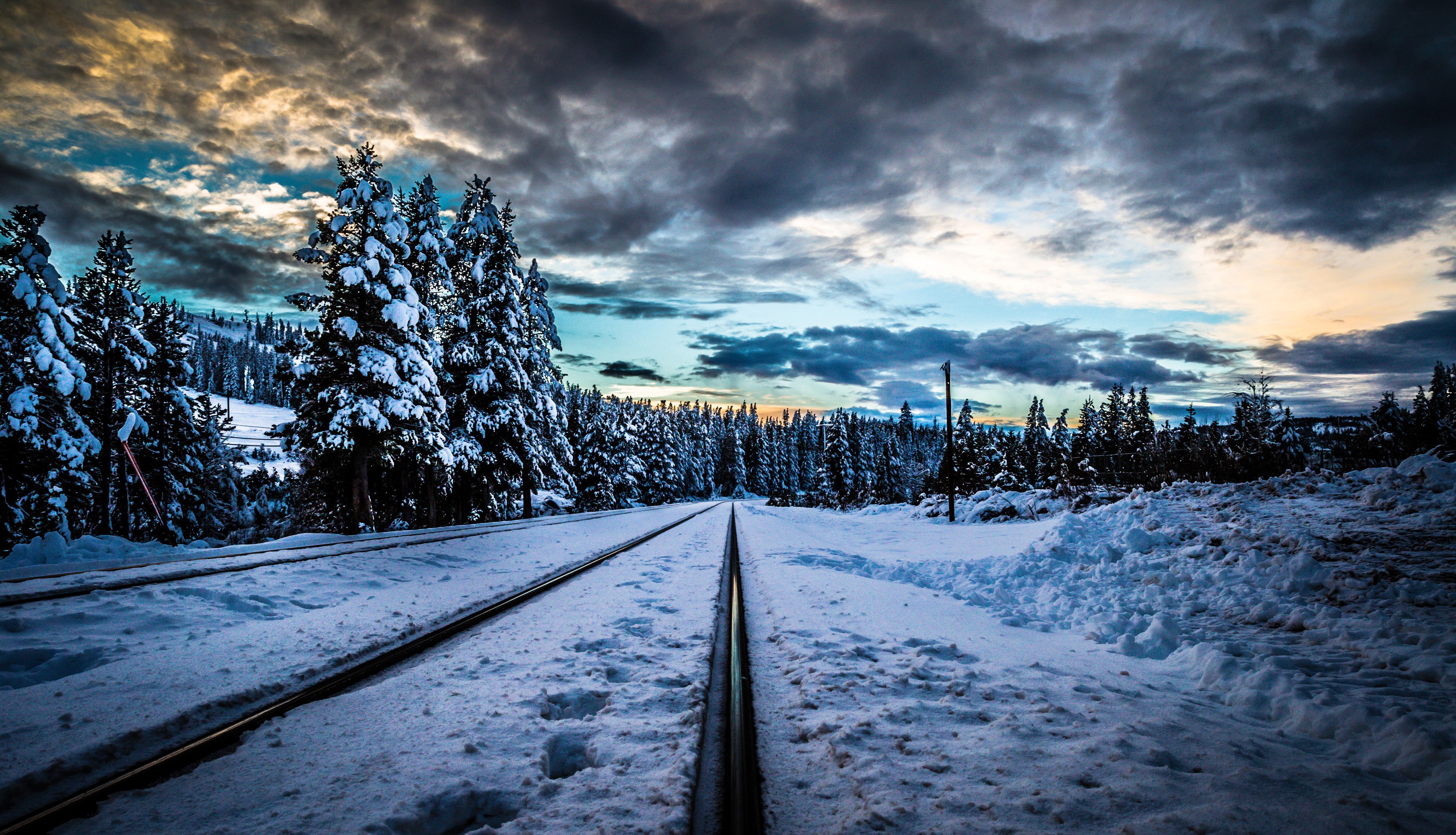 Railroad tracks in a snowy forest under dramatic clouds HD Wallpaper