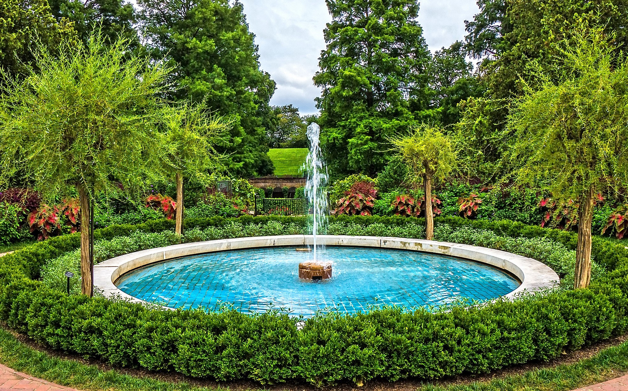 Fountain in a formal garden with trees and shrubs HD Wallpaper