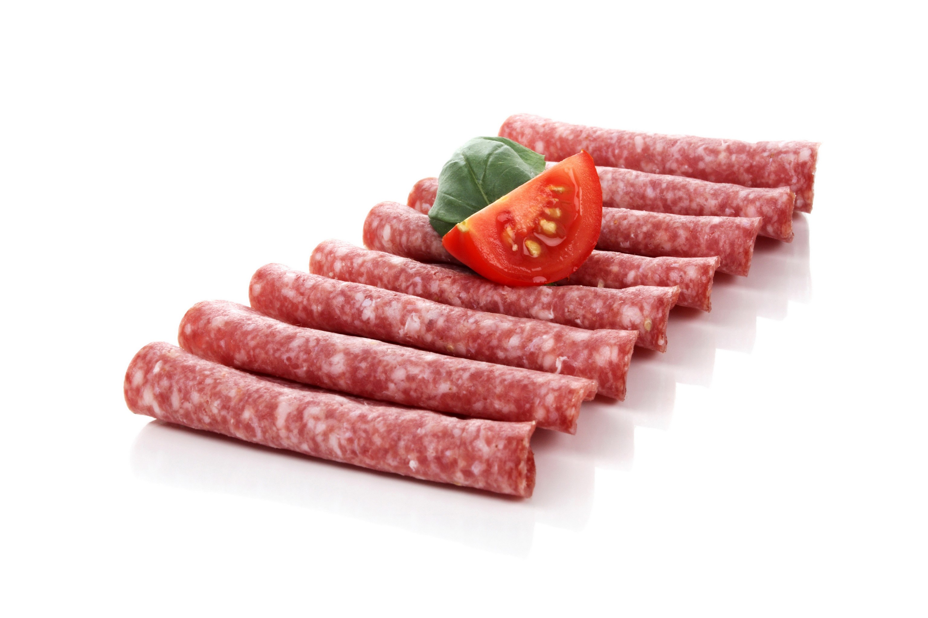Sausages with tomato and basil on a white background HD Wallpaper