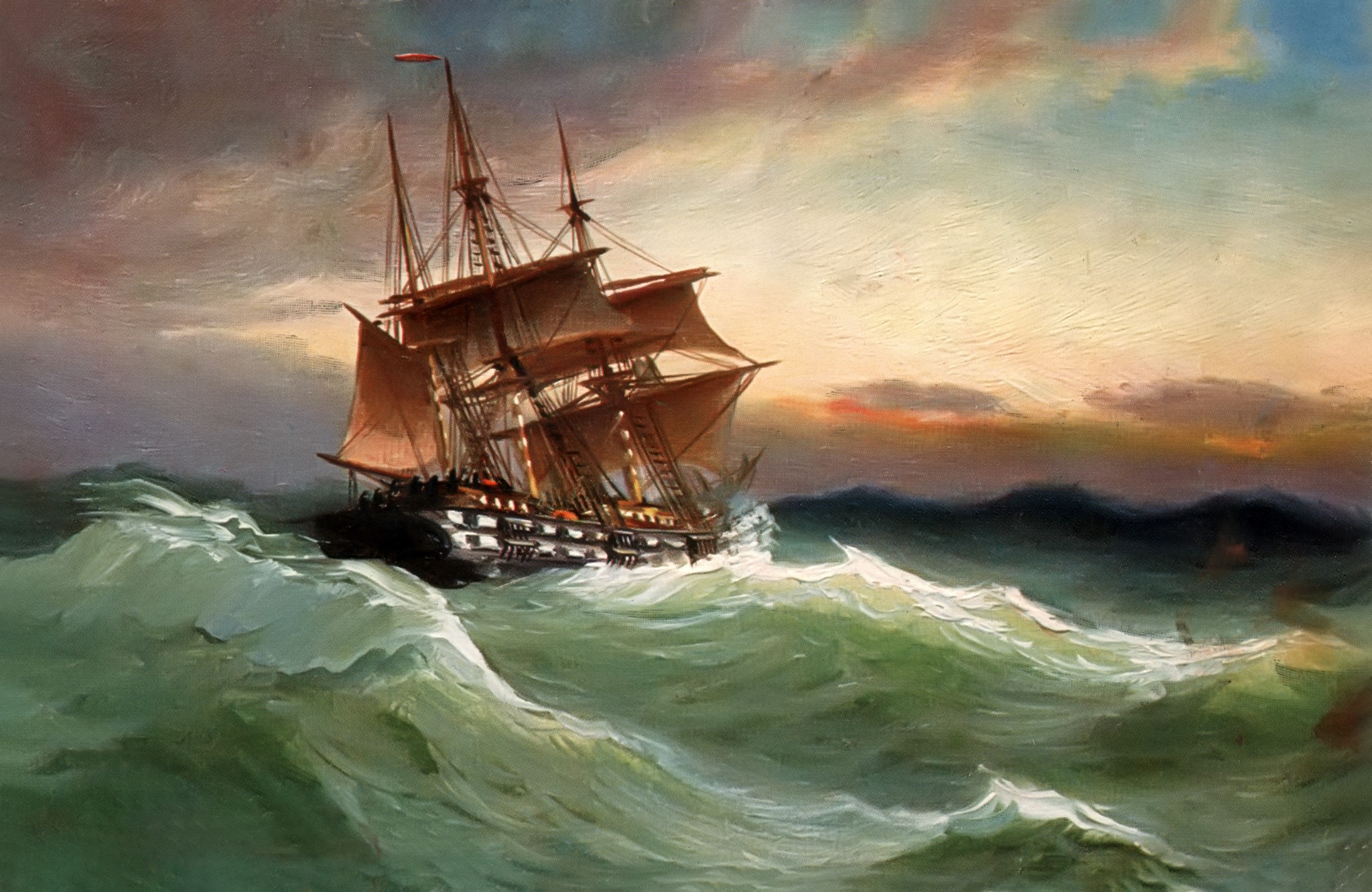Alfred Jansen painting of a sailing ship on rough seas HD Wallpaper