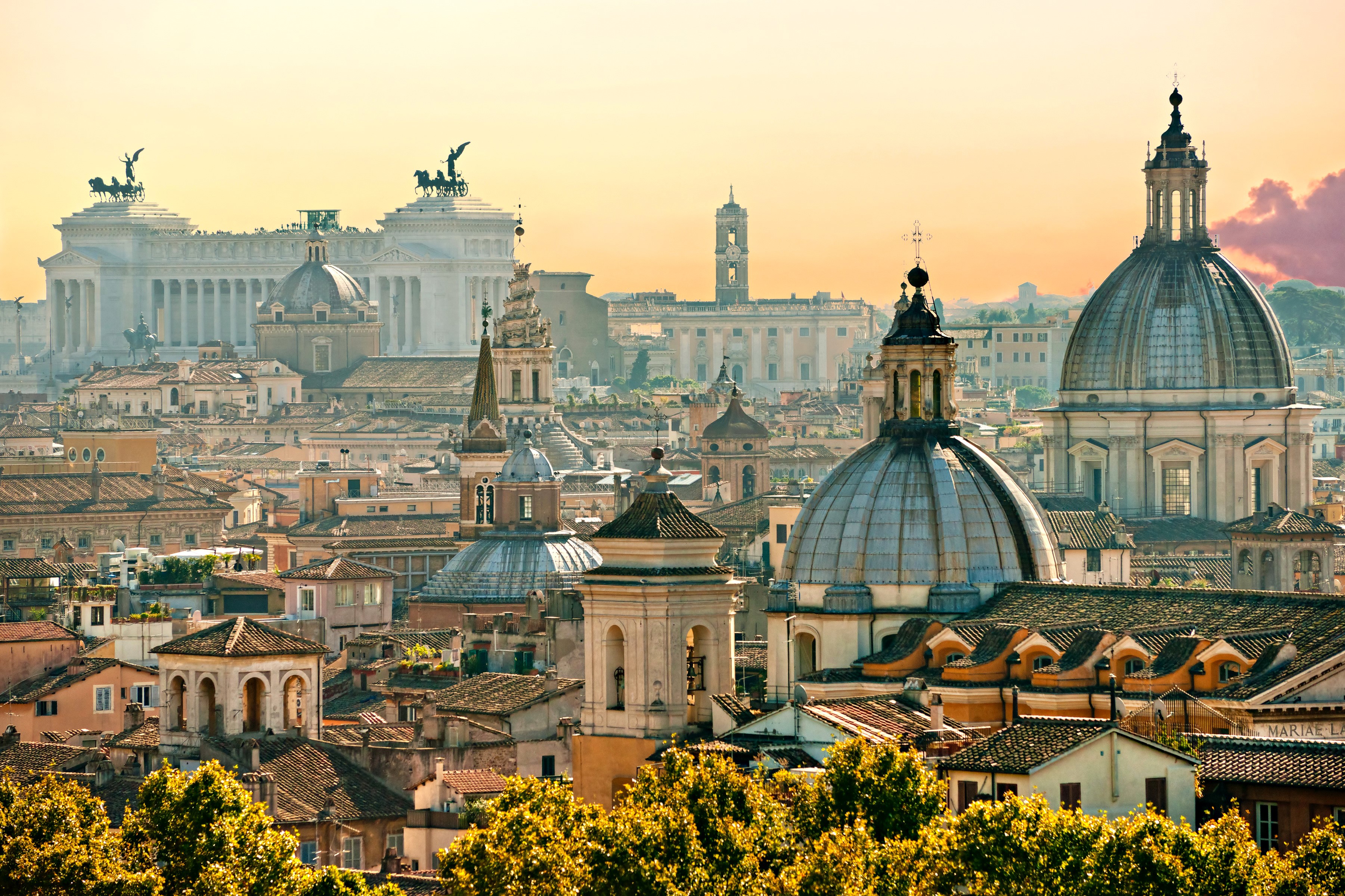 Rome cityscape with domes and monuments at sunset HD Wallpaper