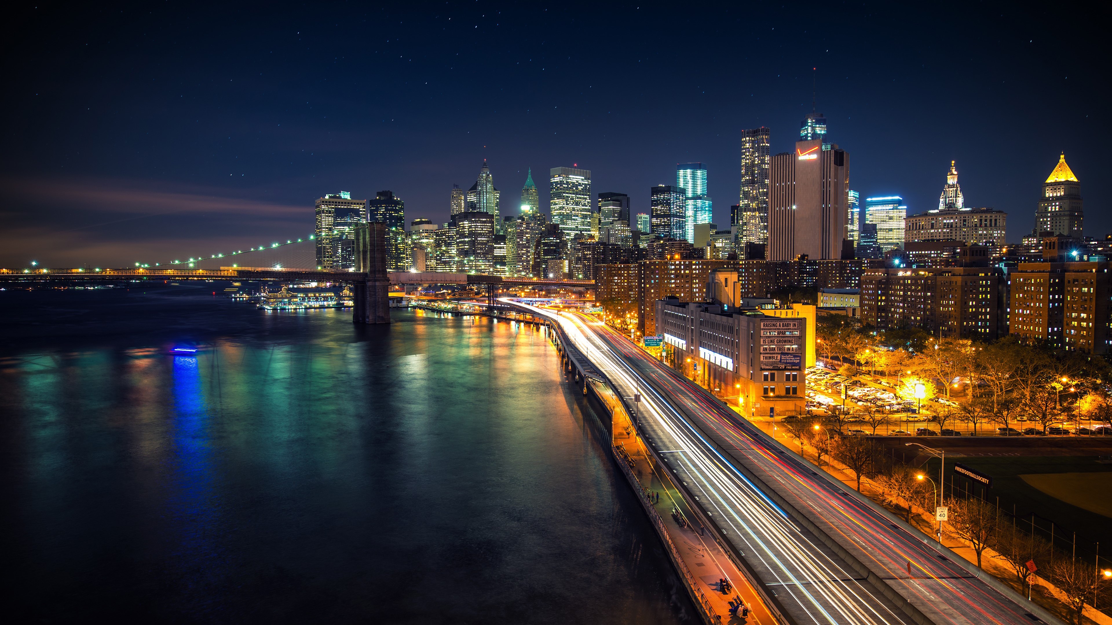 4K Brooklyn Bridge East River New York City Night HD Wallpaper
