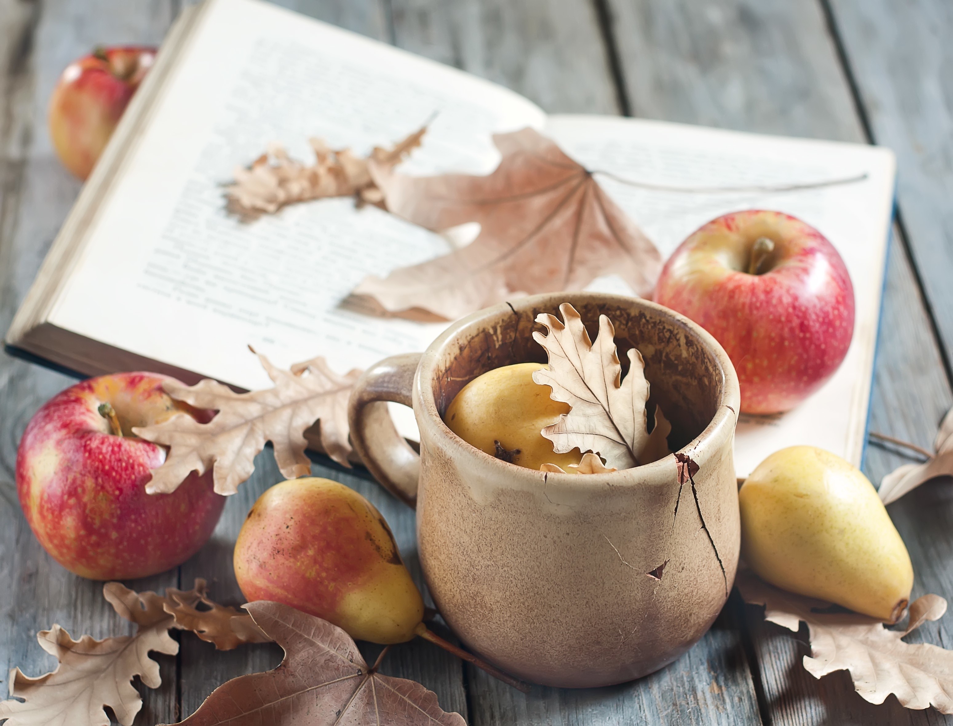 Apples and pears with autumn leaves and an open book HD Wallpaper
