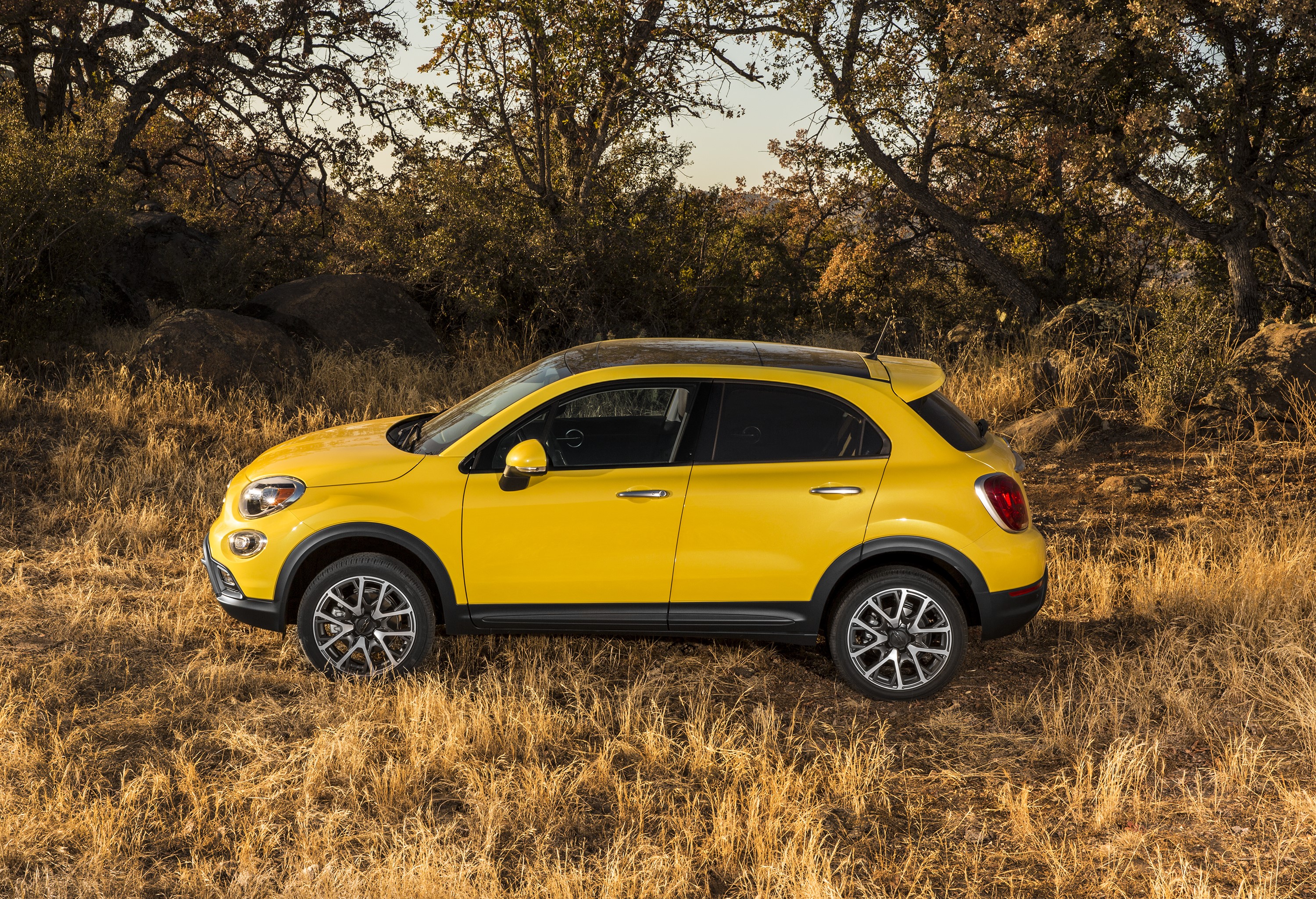 Yellow Fiat 500X Trekking Plus parked on dry grass HD Wallpaper