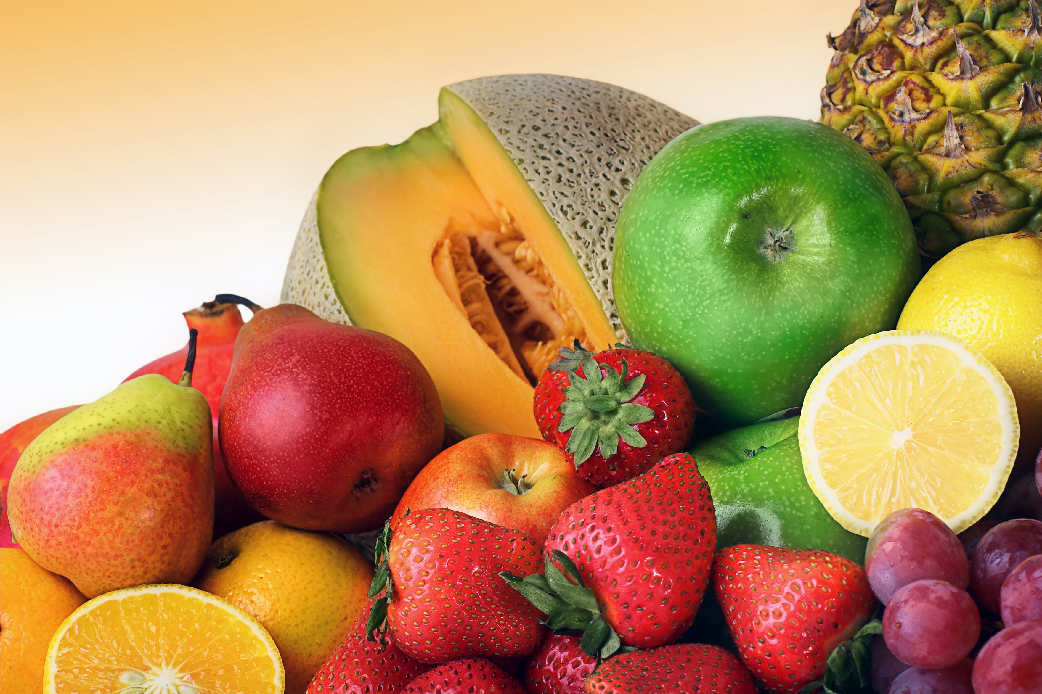 Assortment of fresh fruits including apples, pears, strawberries, and melon HD Wallpaper
