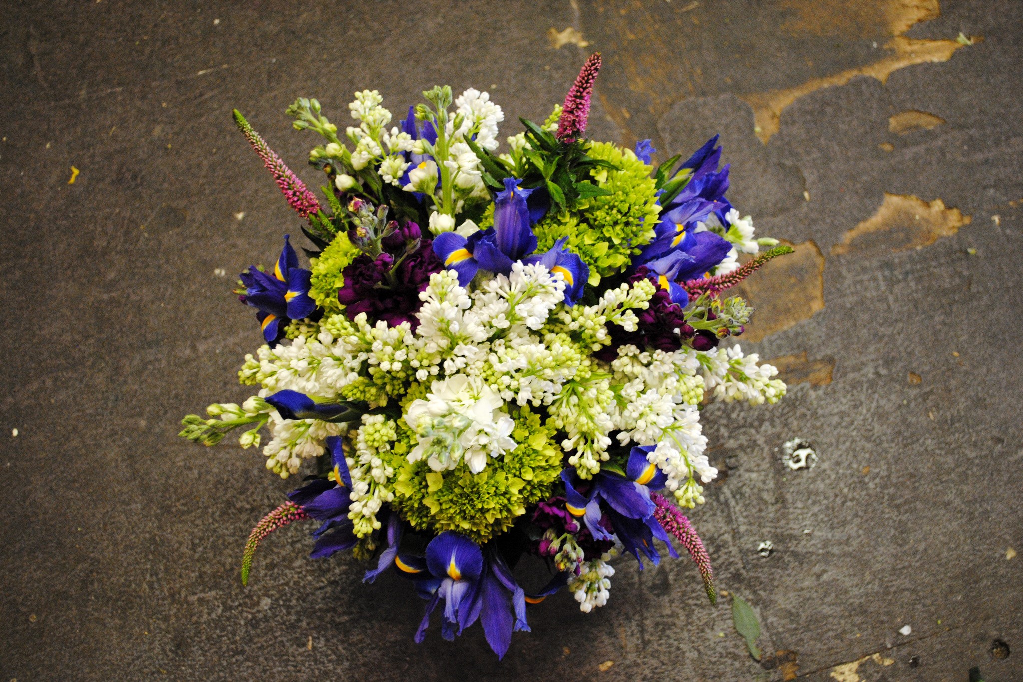Bouquet of Irises, Lilac, and Green Flowers HD Wallpaper
