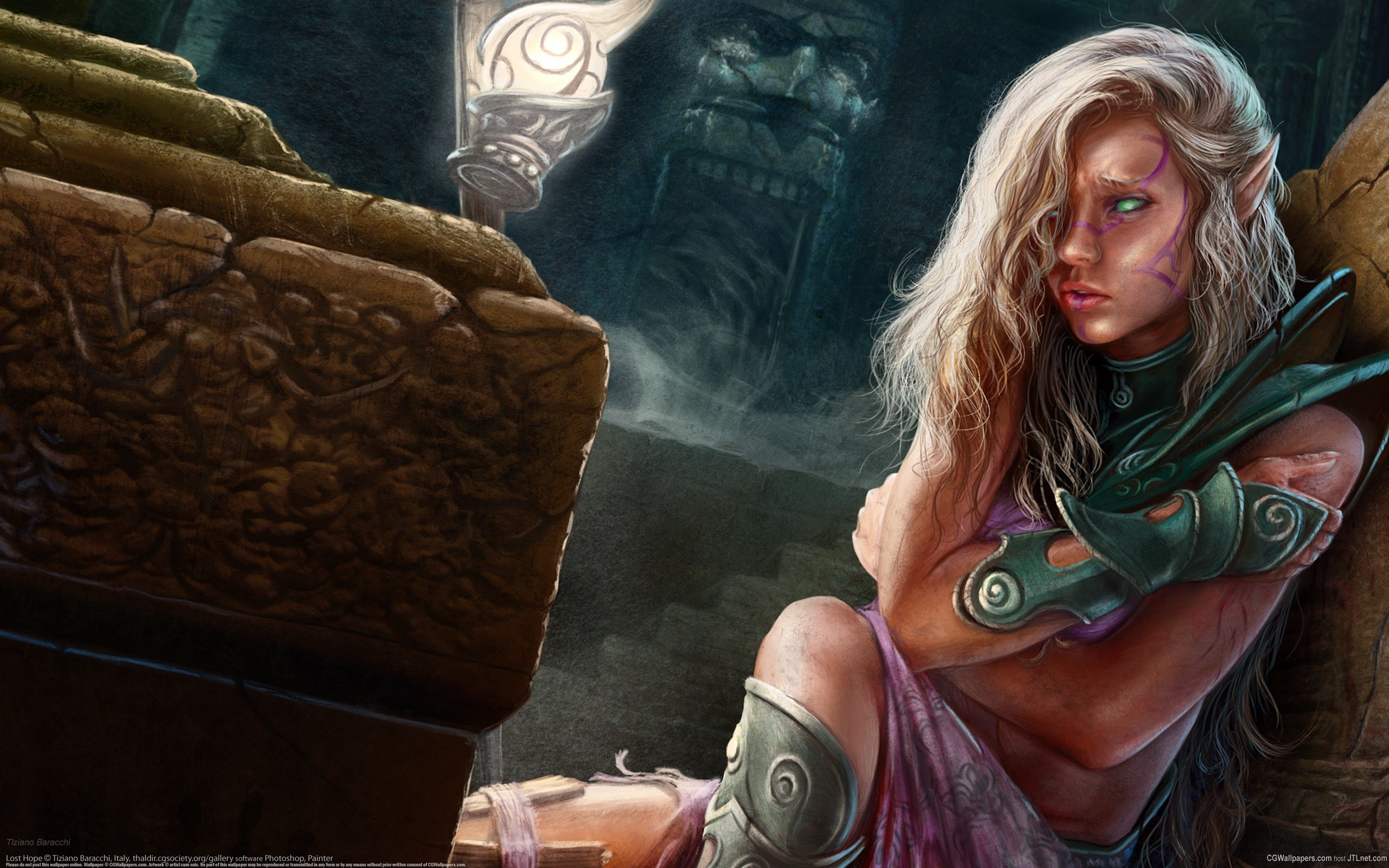 Elf with purple markings in a dark ruin HD Wallpaper