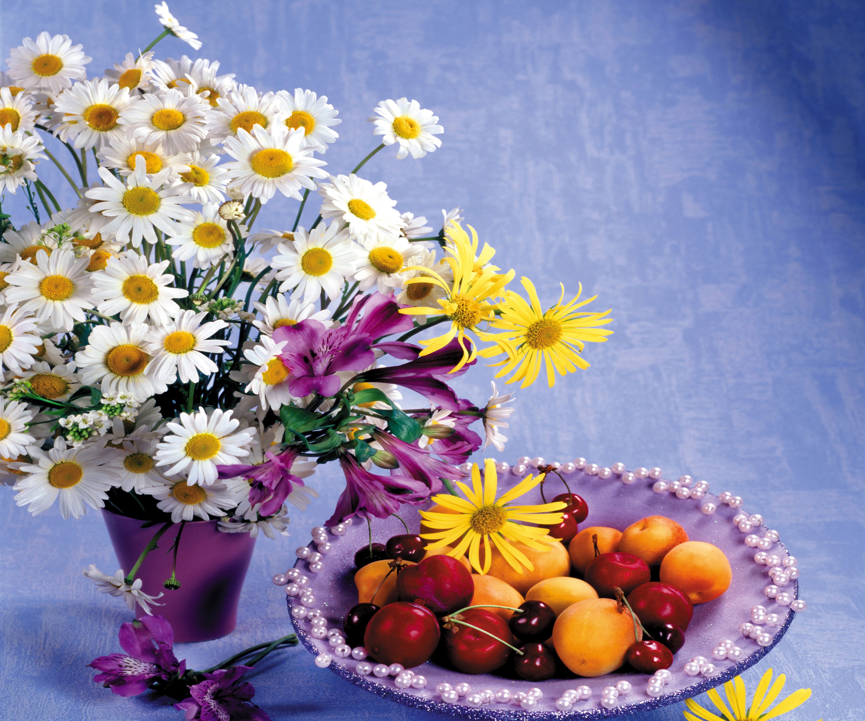 Bouquet of Daisies and Alstroemeria with Fruit Bowl HD Wallpaper