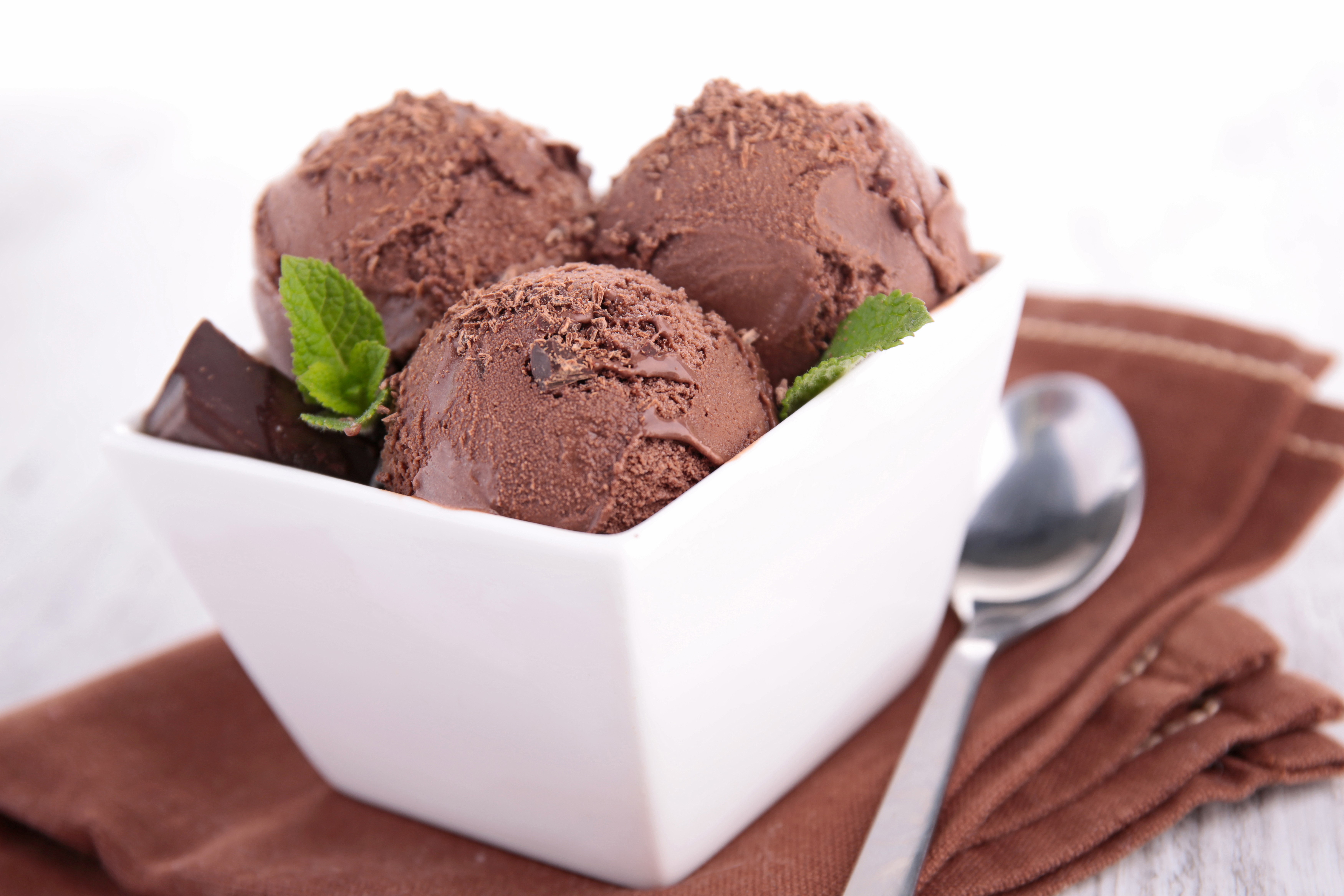 Chocolate ice cream scoops in a bowl with mint HD Wallpaper
