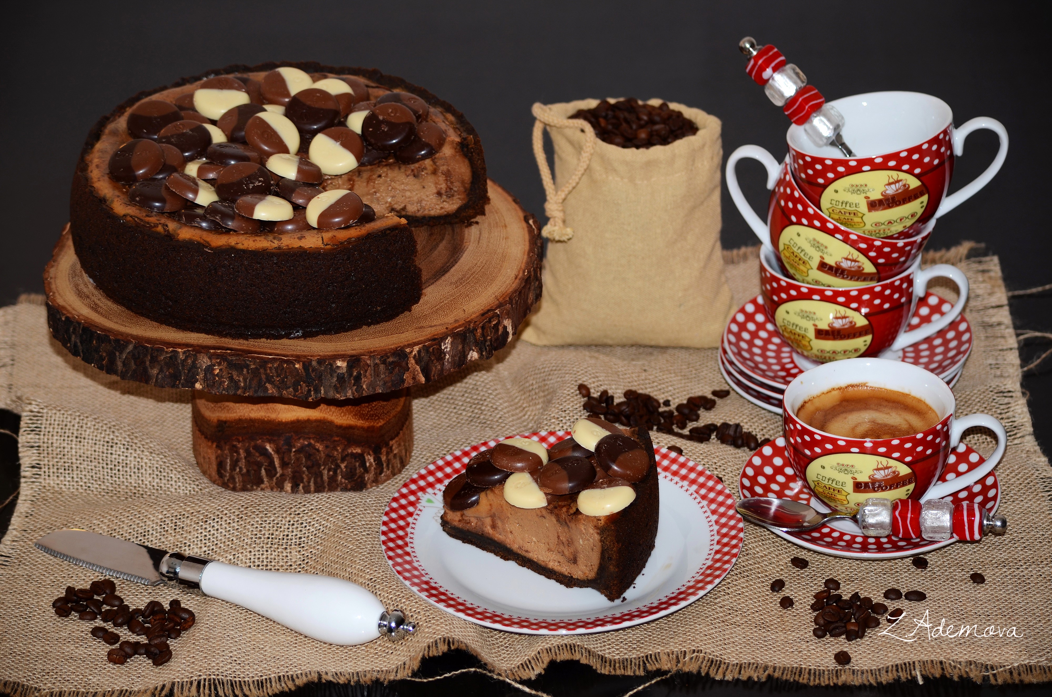 Chocolate Coffee Cheesecake with Coffee Cups HD Wallpaper