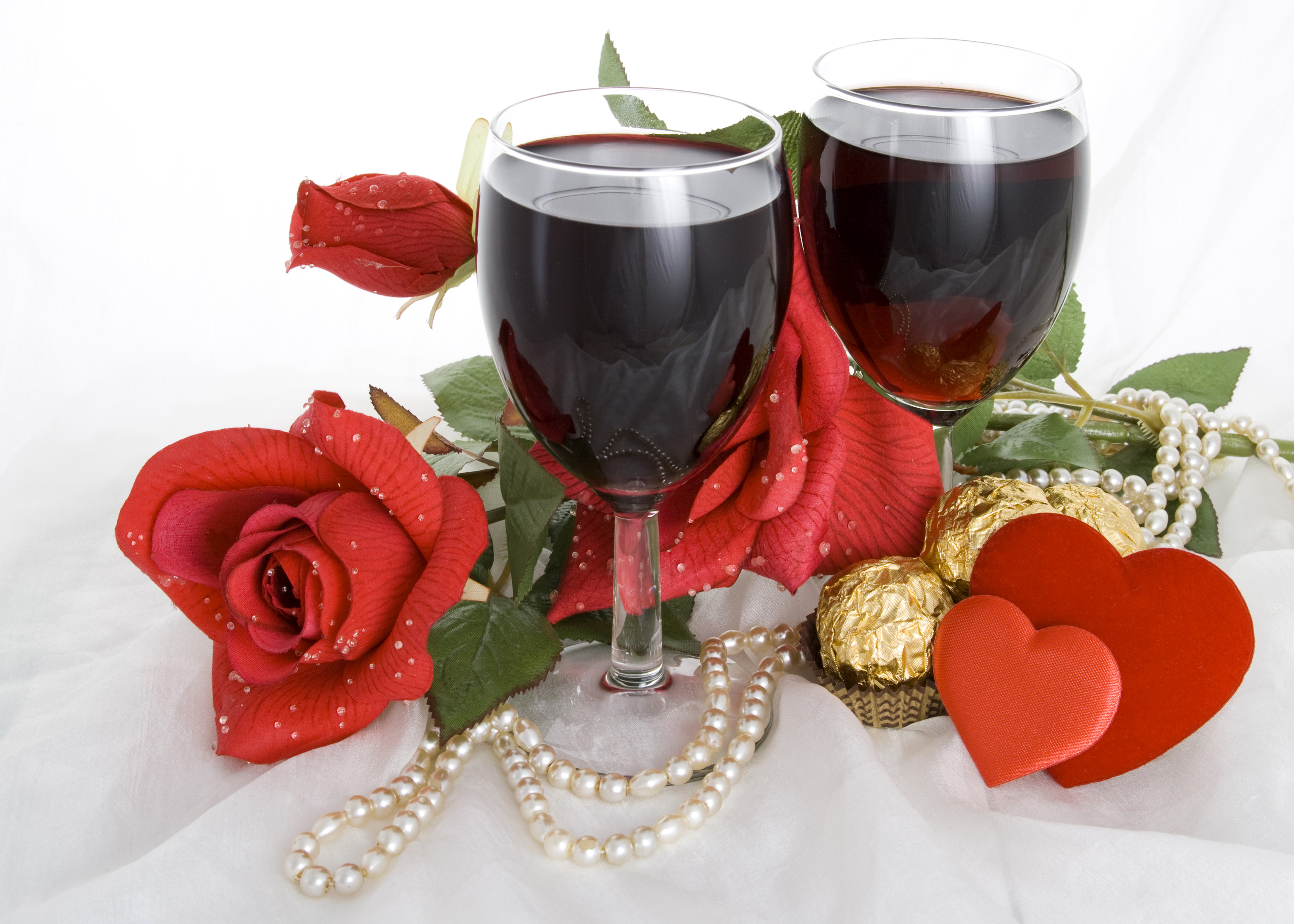 Red Roses, Wine, Chocolates, and Pearls HD Wallpaper