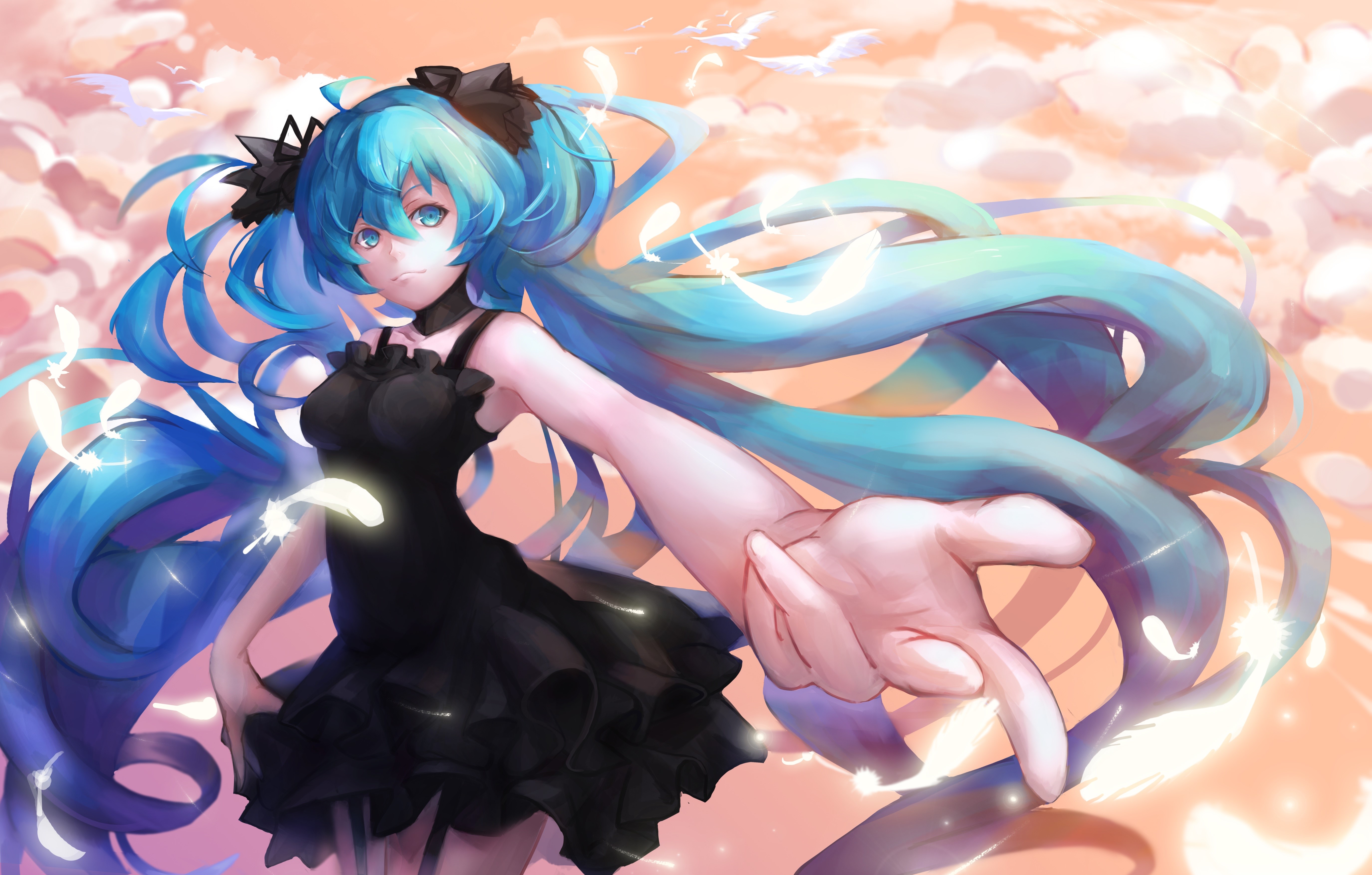 Hatsune Miku from Vocaloid in black dress HD Wallpaper