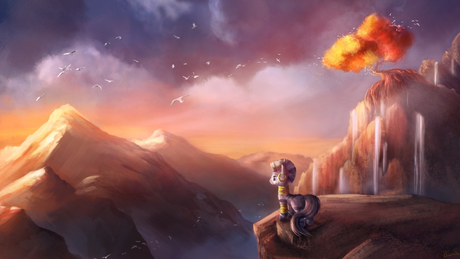 Pony on a cliff overlooking mountains at sunset HD Wallpaper