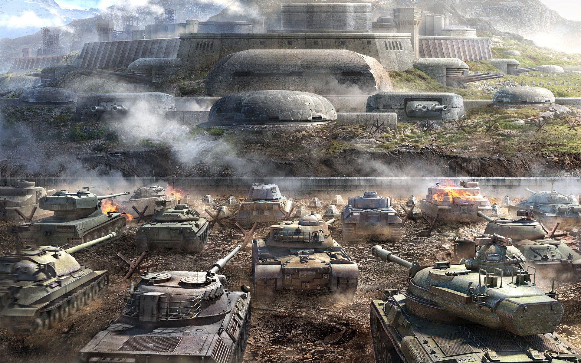 World of Tanks battle scene with tanks and fortifications HD Wallpaper