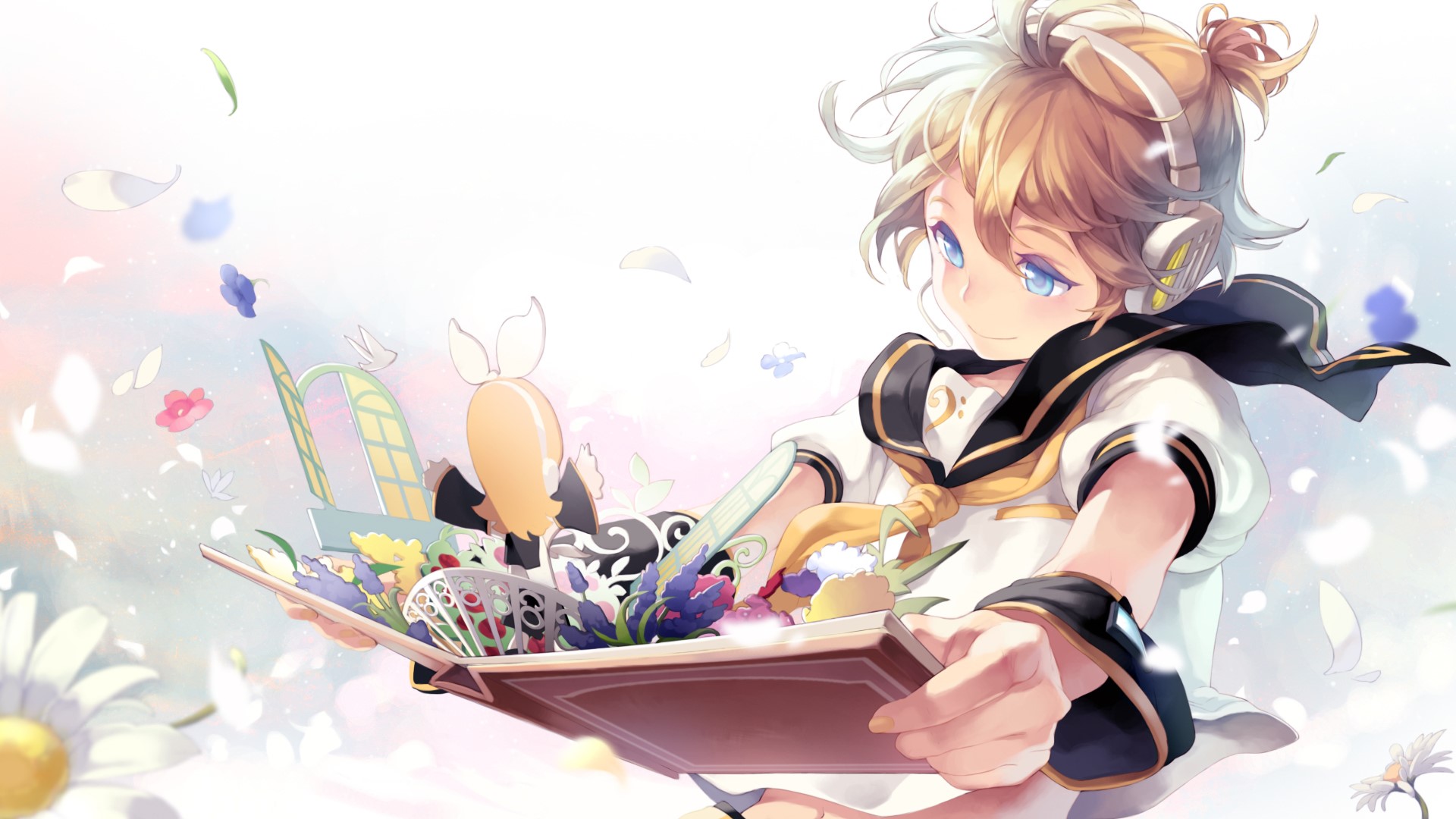 Kagamine Len from Vocaloid holding a book with flowers HD Wallpaper