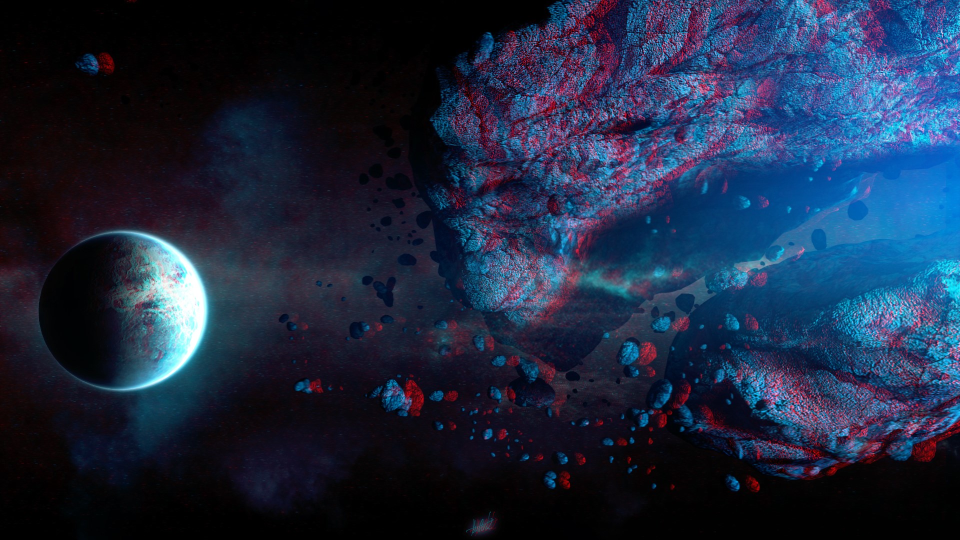 Planet and asteroids in space HD Wallpaper