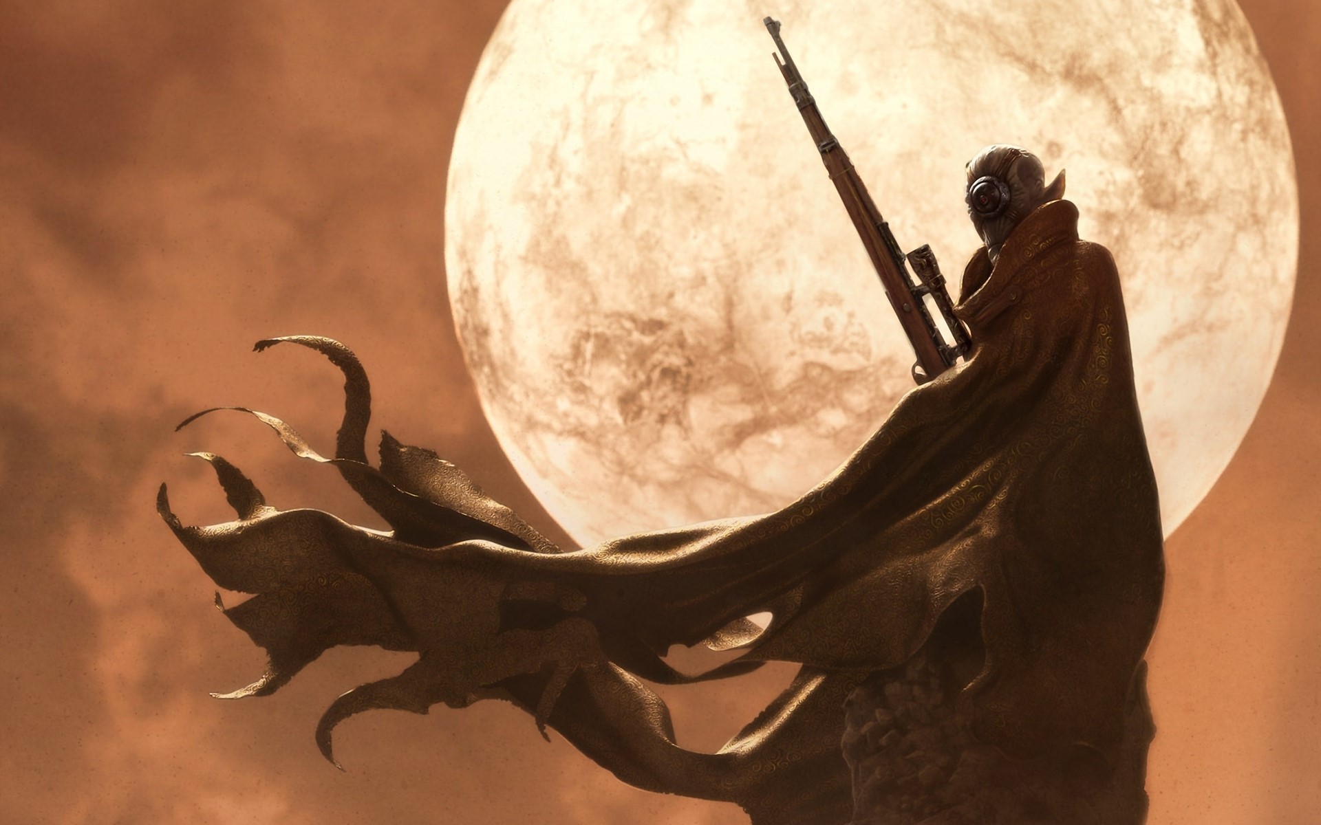 Alien Sniper with Rifle and Moon HD Wallpaper