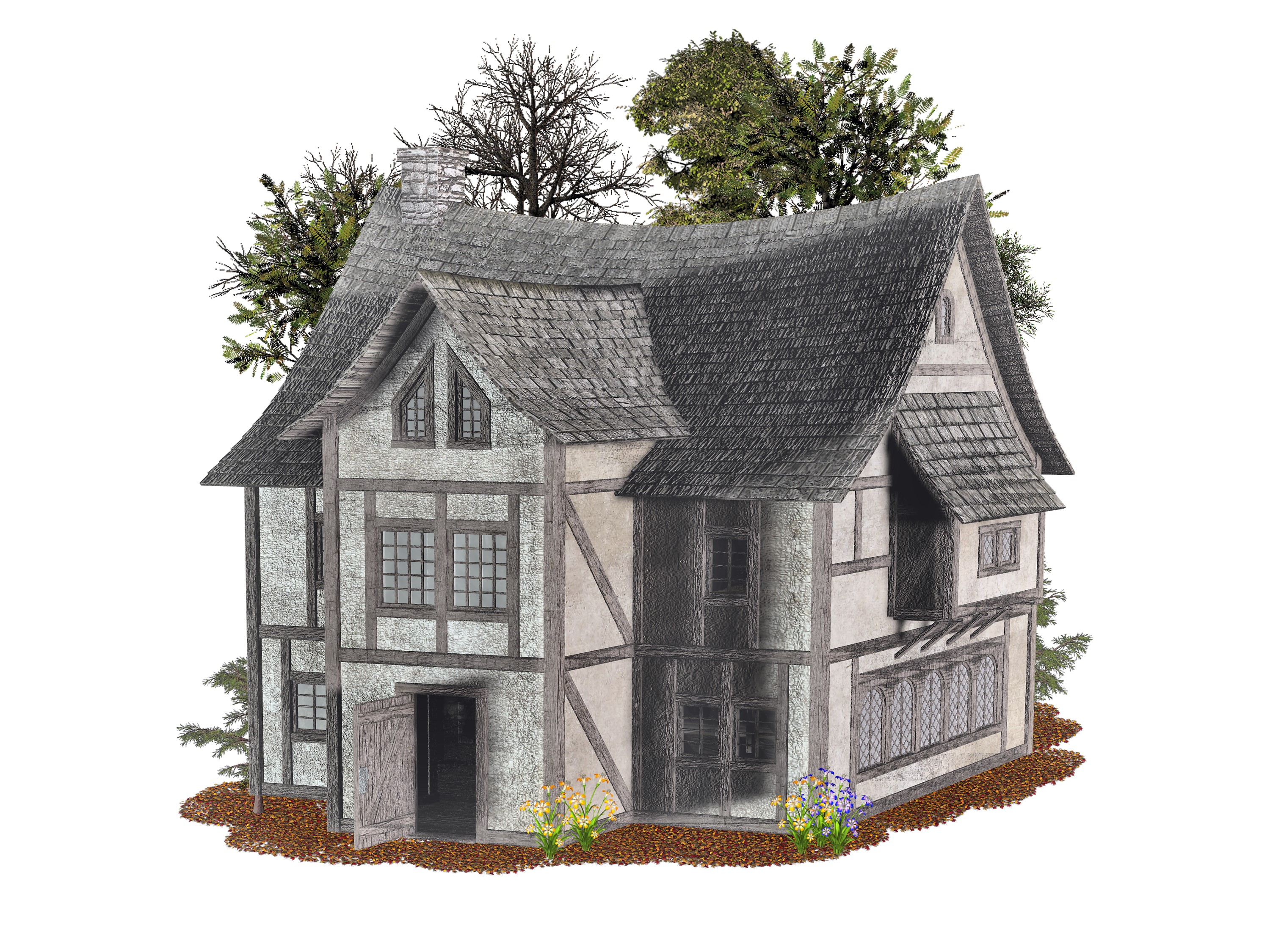 Tudor-style house with trees and flowers HD Wallpaper