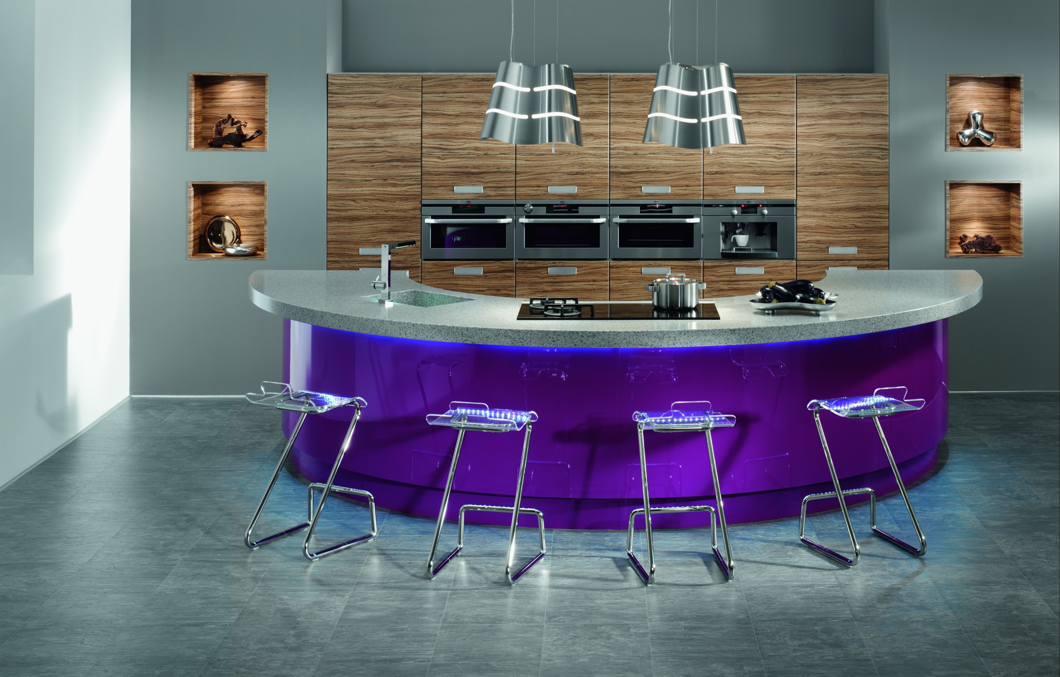 Modern kitchen island with purple base and bar stools HD Wallpaper