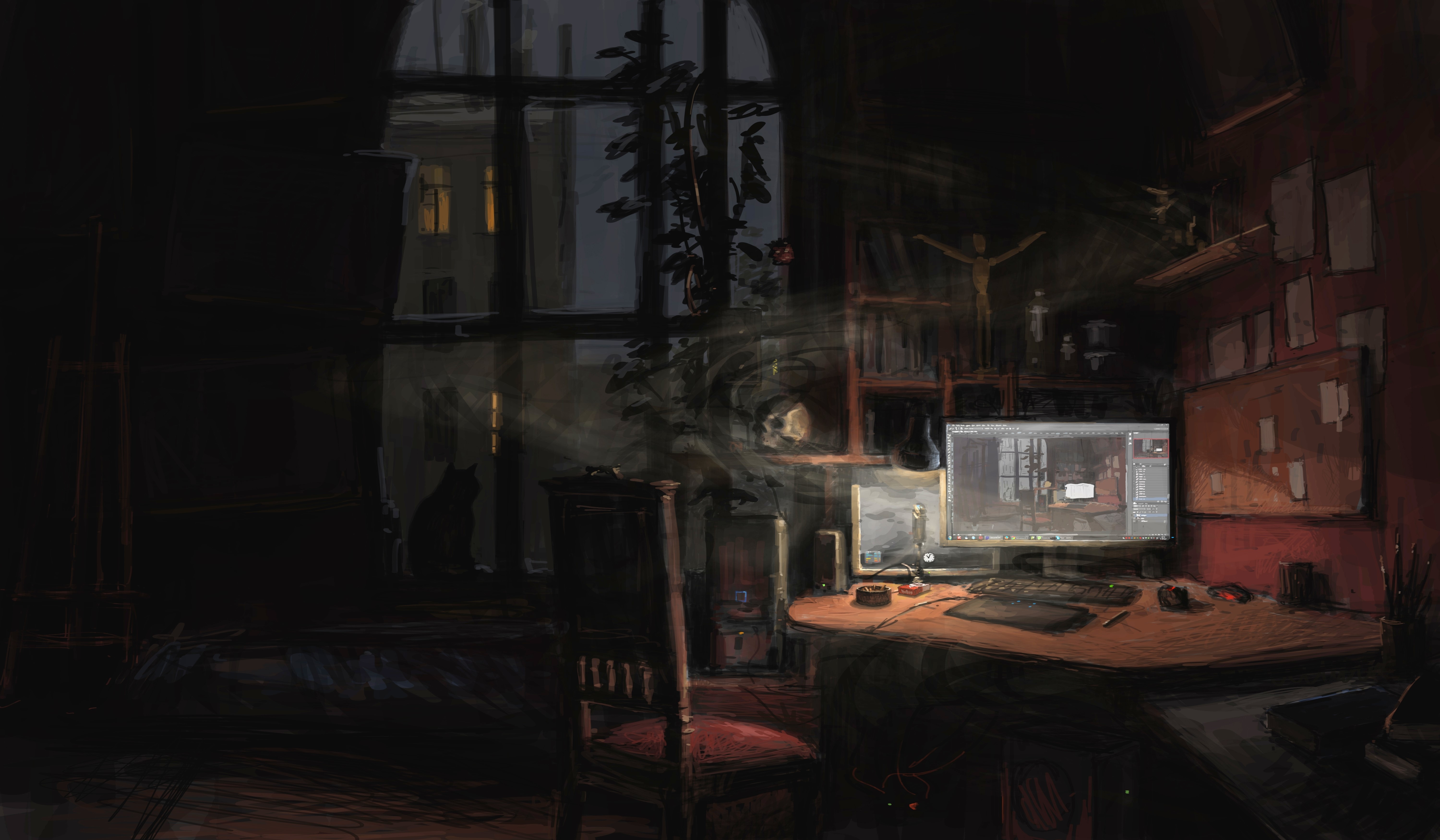 Room with a computer and a window HD Wallpaper