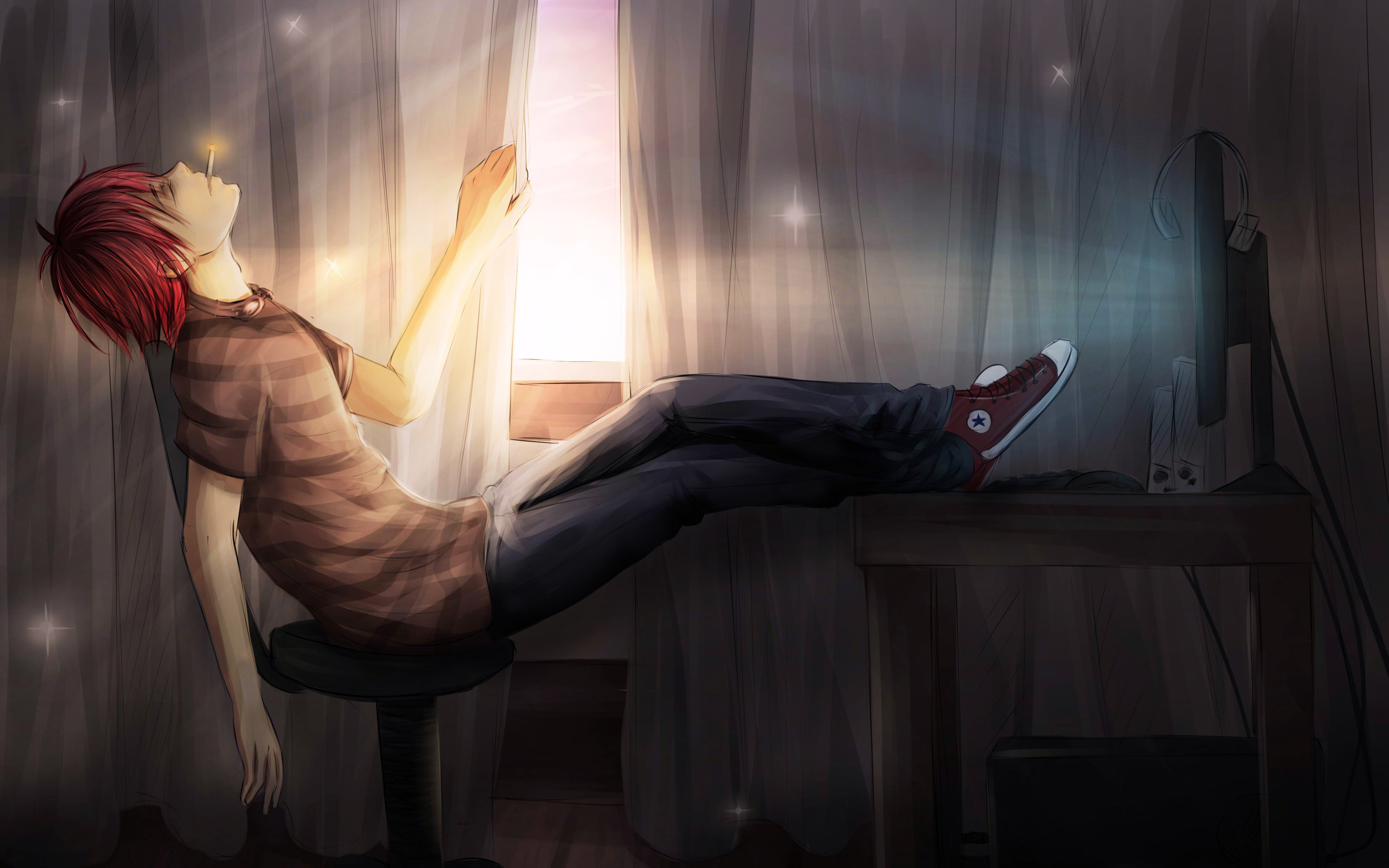 Anime boy with red hair smoking by the window HD Wallpaper