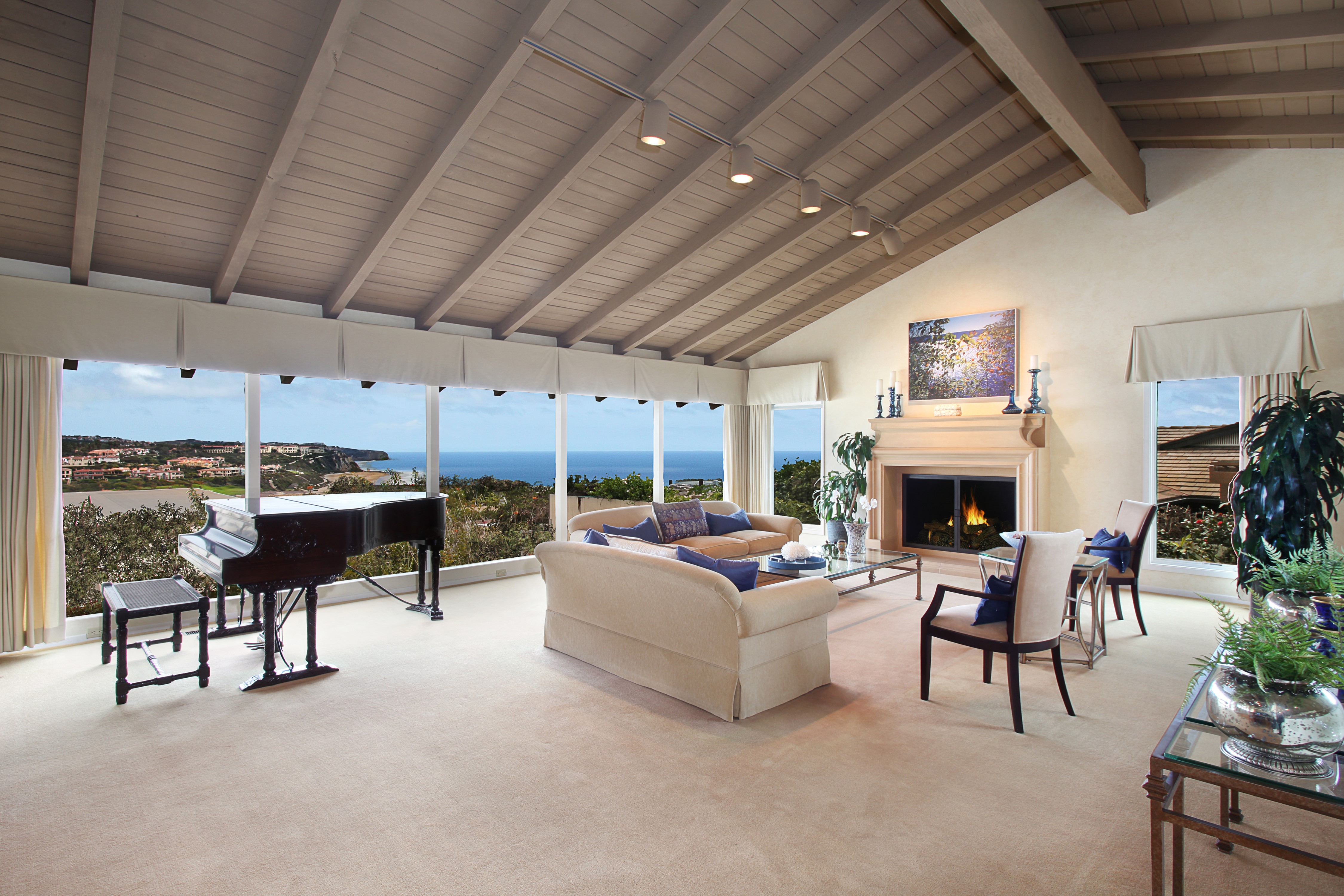 Living room with grand piano and fireplace HD Wallpaper