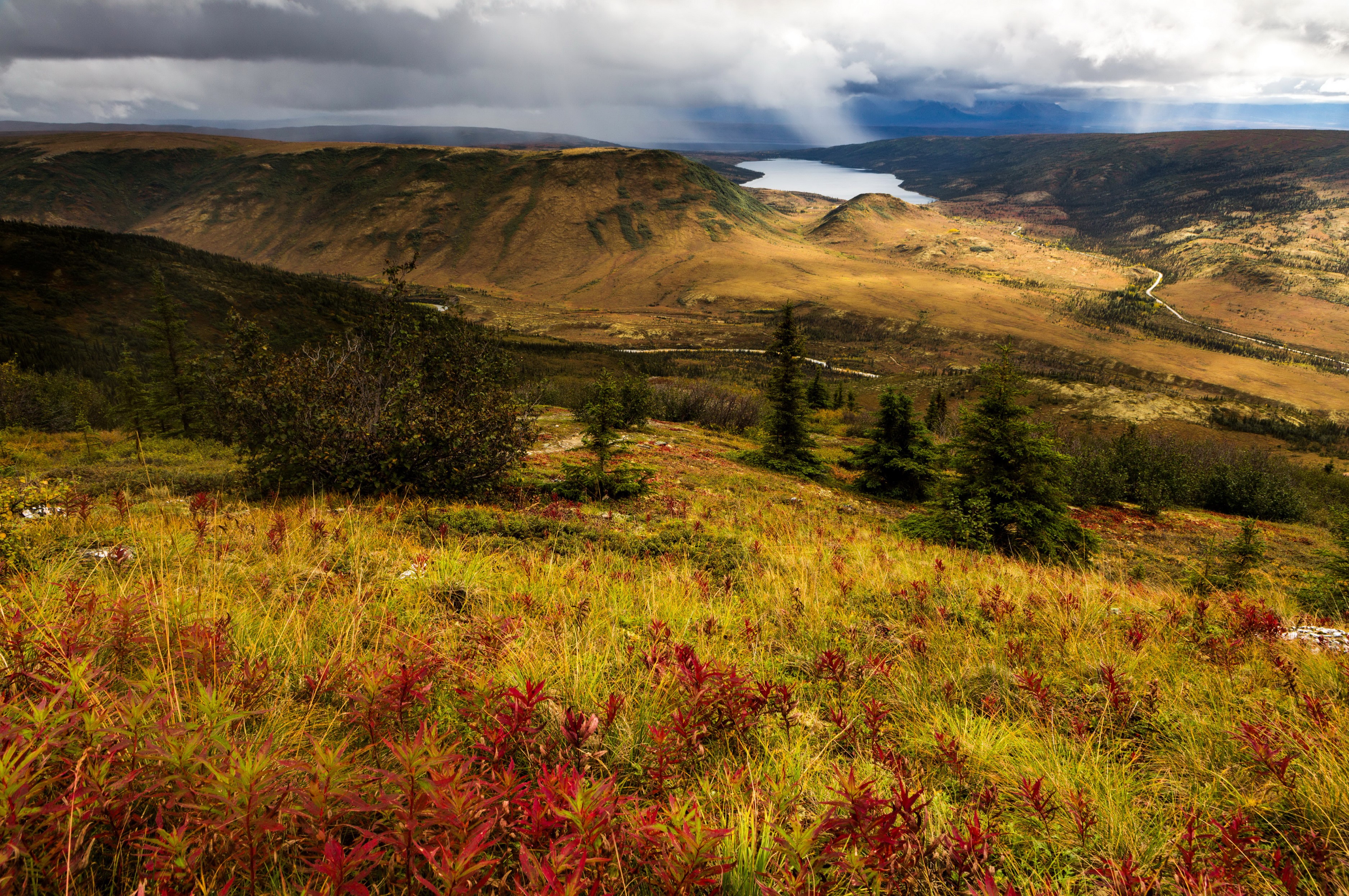 Mountainous Landscape with Lake and Stormy Sky in Alaska HD Wallpaper