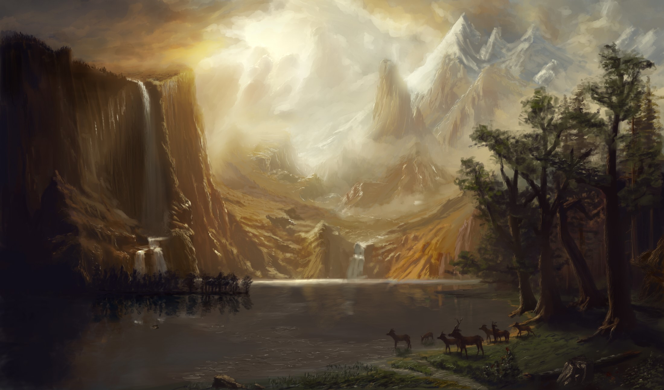 Painting of a mountain landscape with waterfalls and deer HD Wallpaper