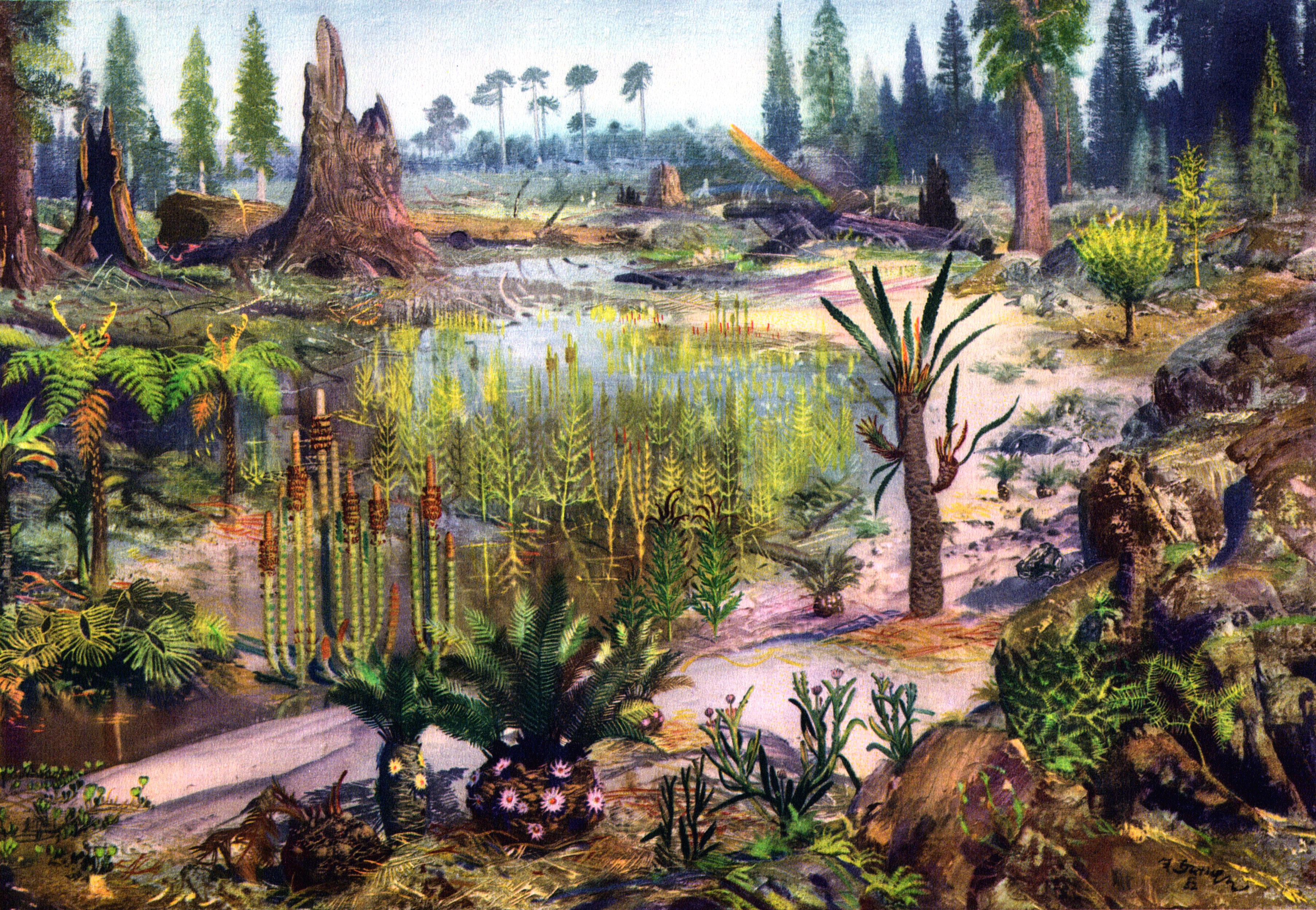 Mesozoic landscape painting by Zdenek Burian HD Wallpaper