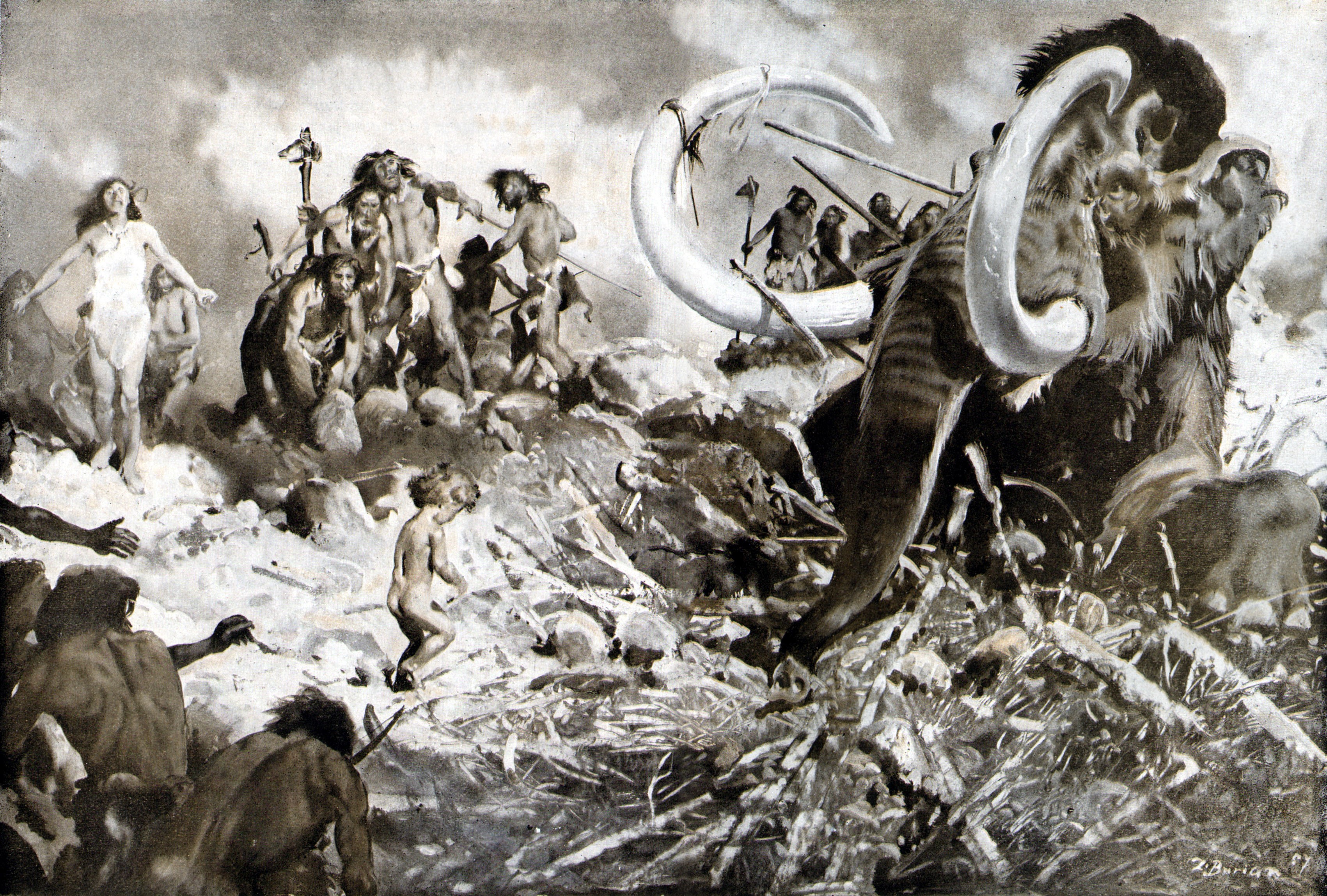 Zdenek Burian's Mammoth Hunt HD Wallpaper